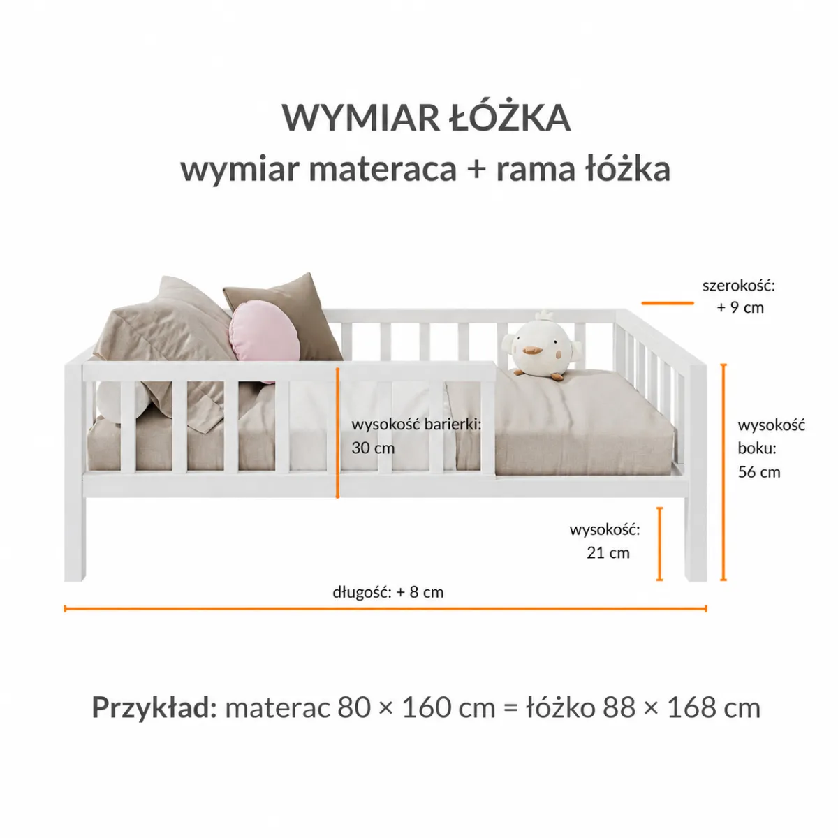 Wymiary białego łóżka dziecięcego BUKI z drewna bukowego