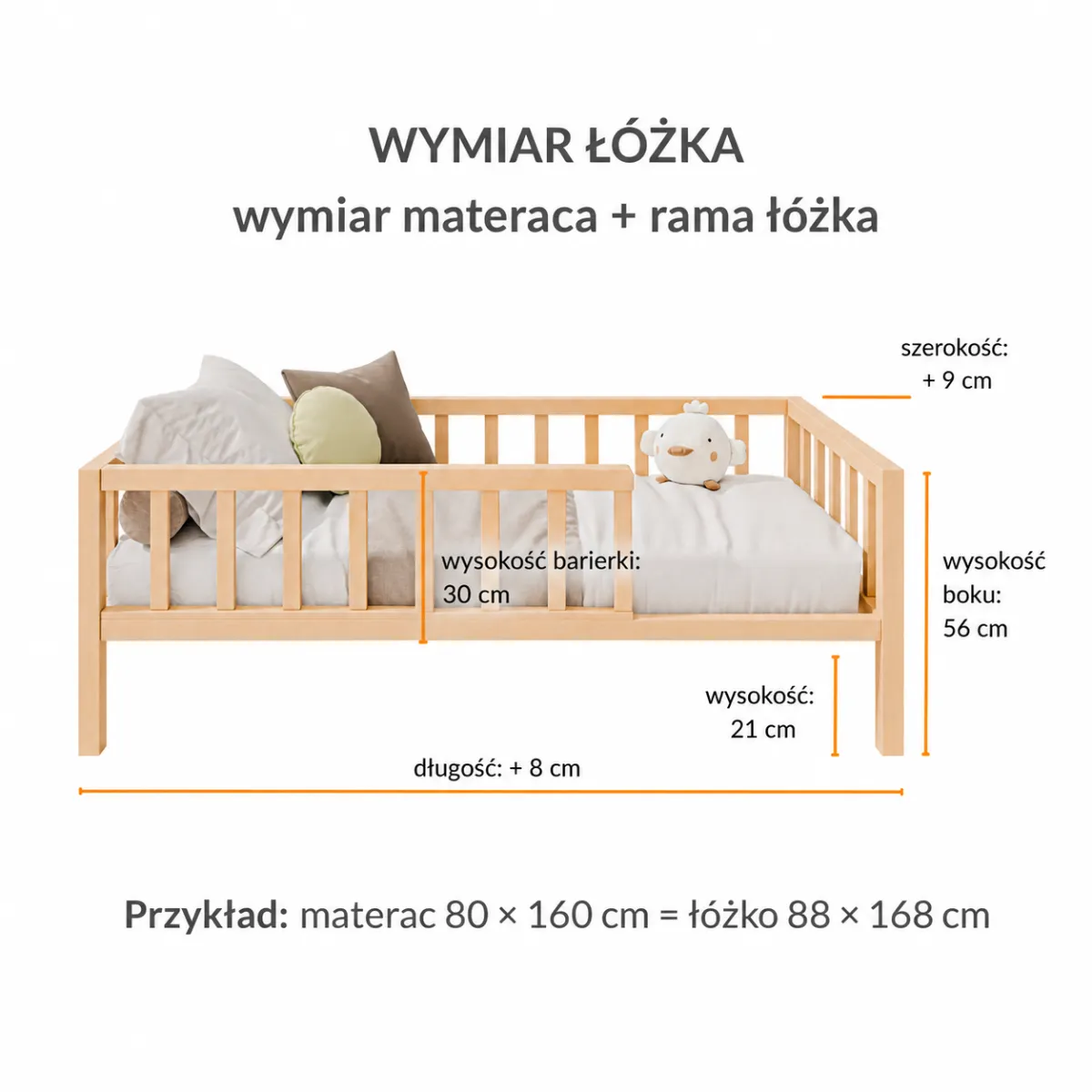 Wymiary olejowanego łóżka dziecięcego BUKI z drewna bukowego