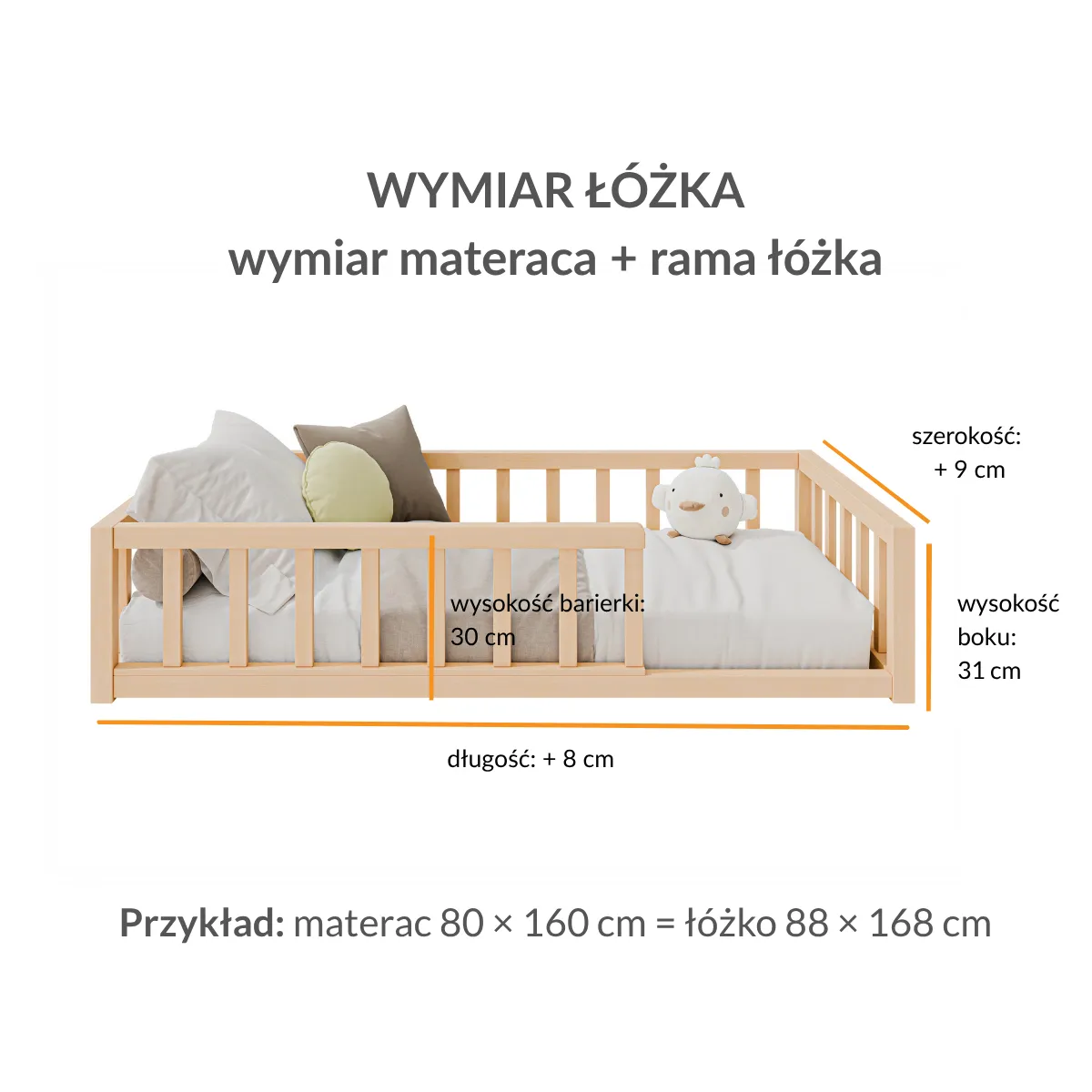 Wymiary olejowanego łóżka BUKI Floor Bed Montessori z drewna bukowego