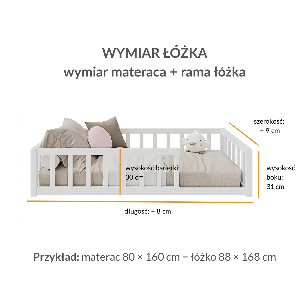 Wymiary białego łóżka BUKI Floor Bed Montessori z drewna bukowego