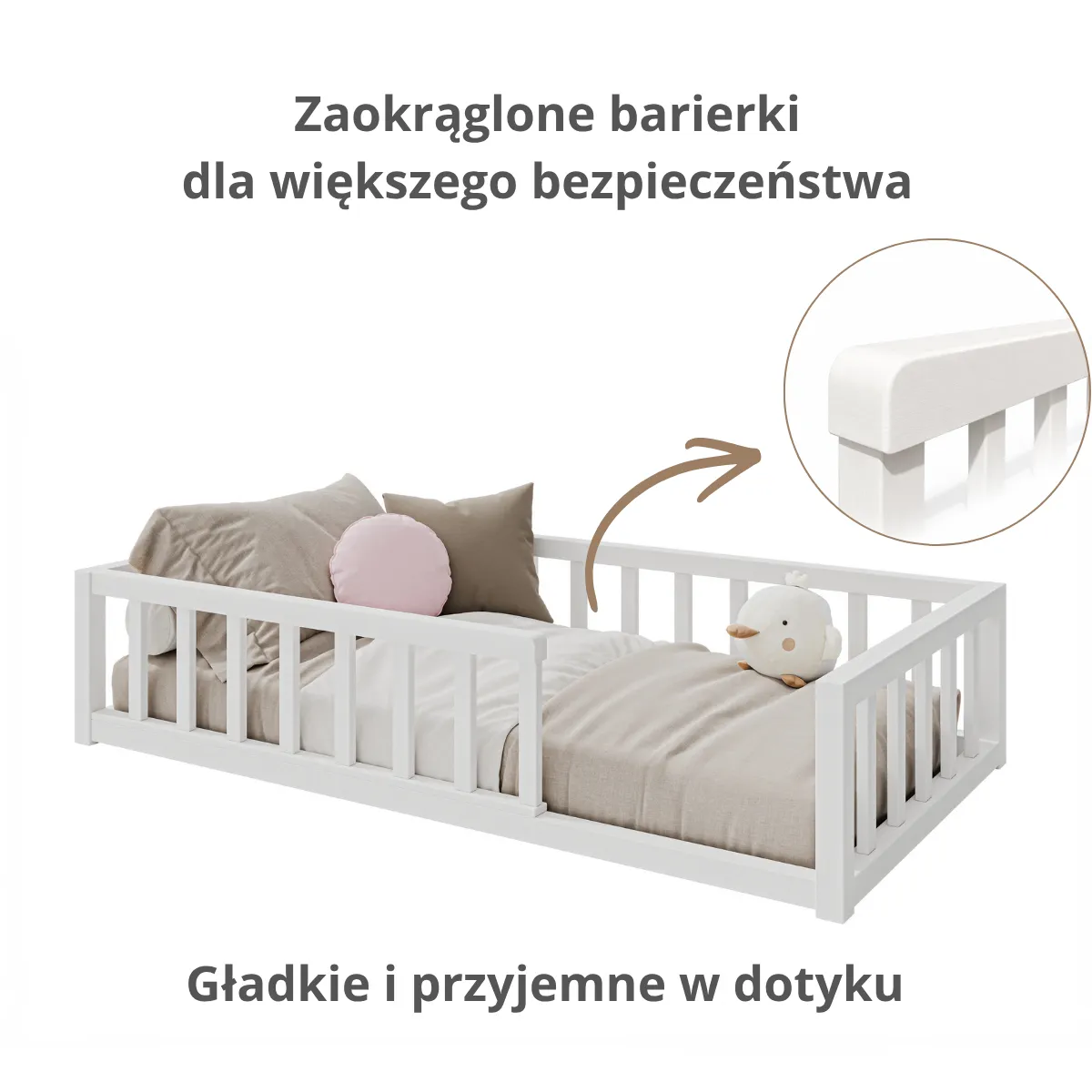 Zalety białego łóżka BUKI Floor Bed Montessori z okrągłymi szczebelkami