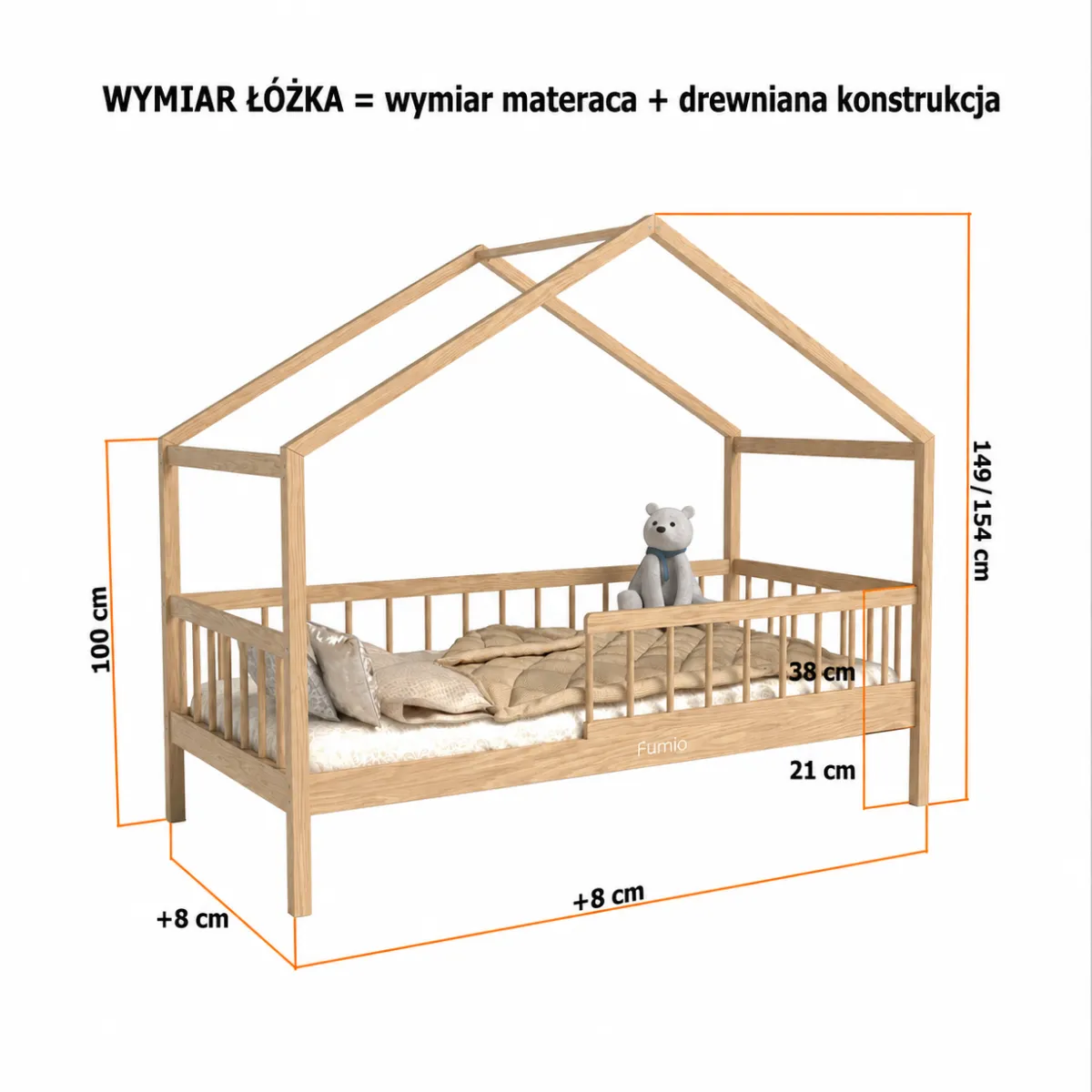 Wymiary olejowanego łóżka domek KIKO z drewna bukowego