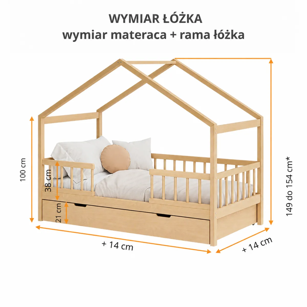 Wymiary olejowanego łóżka domek KIKO z drewna bukowego