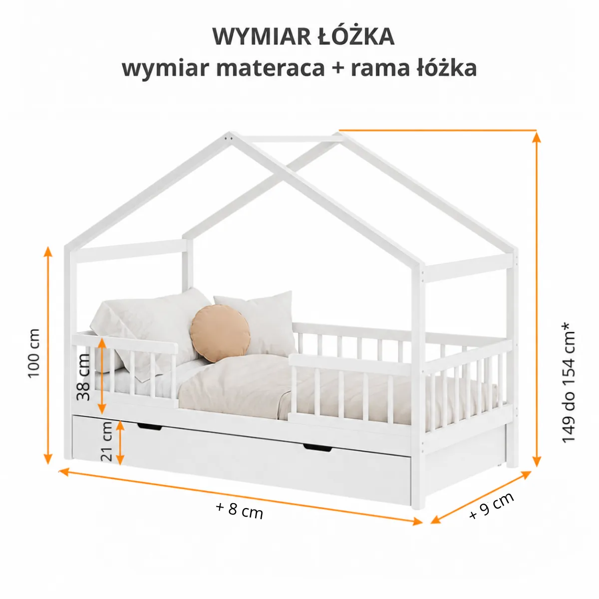 Wymiary białego łóżka domek KIKO z drewna bukowego