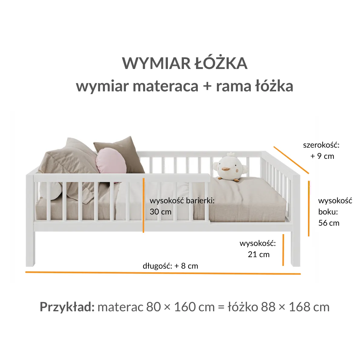 Wymiary białego łóżka dziecięcego KIRA z drewna bukowego