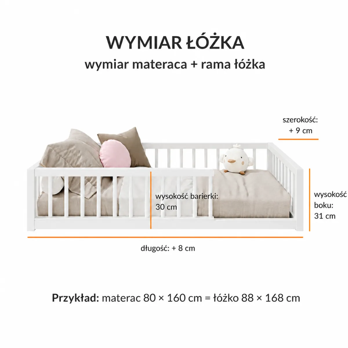 Wymiary białego łóżka KIRA Floor Bed Montessori z drewna bukowego