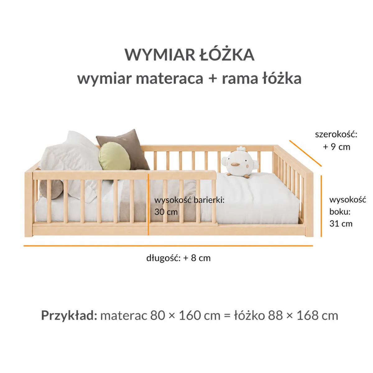 Wymiary olejowanego łóżka KIRA Floor Bed Montessori z drewna bukowego