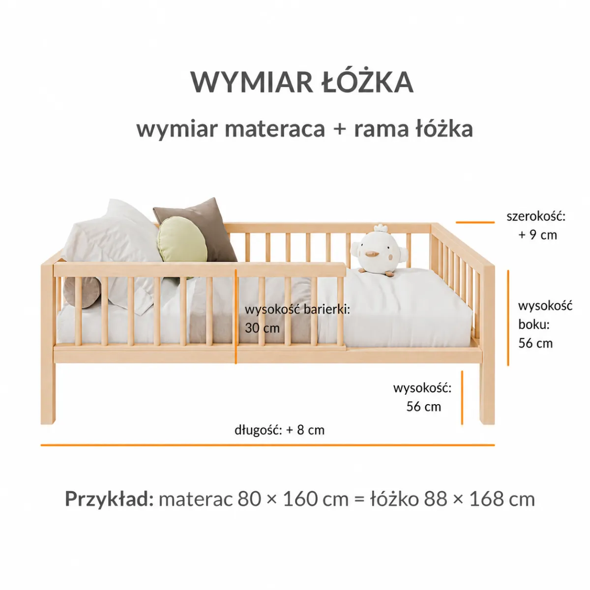 Wymiary olejowanego łóżka dziecięcego KIRA z drewna bukowego
