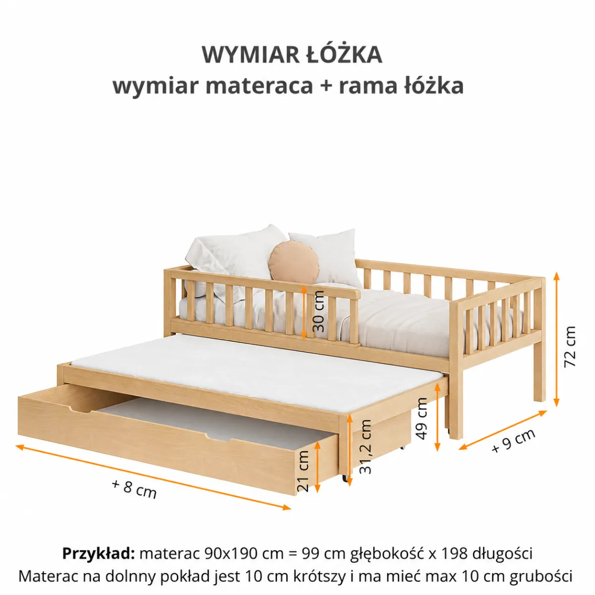 Wymiary olejowanego łóżka dziecięcego LINIO DUO z drewna bukowego