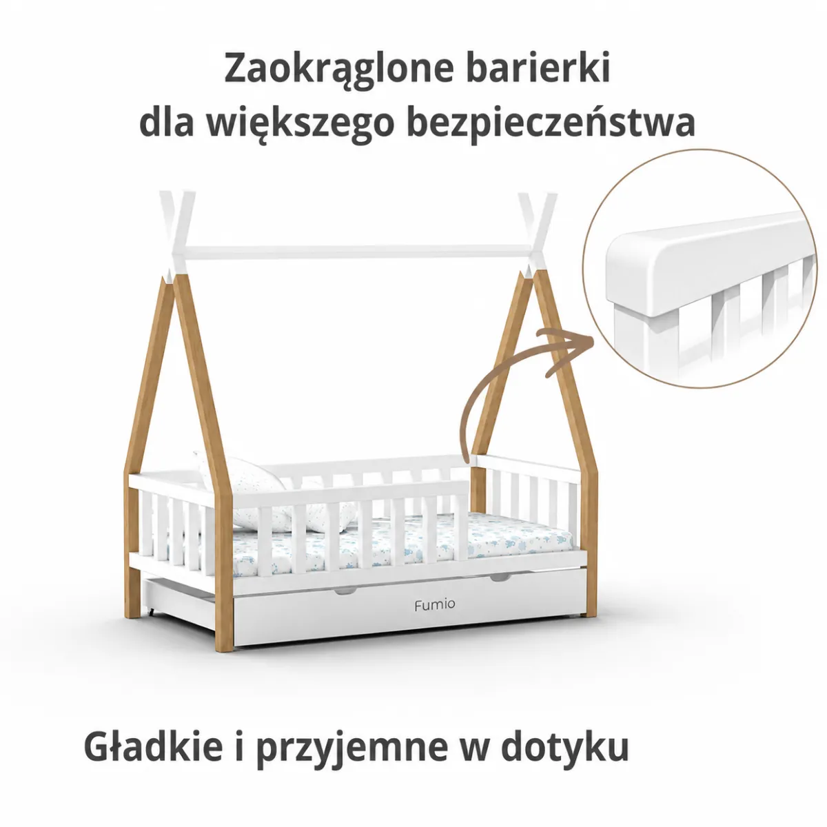 Detale łóżka tipi z drewna bukowego dla dziecka