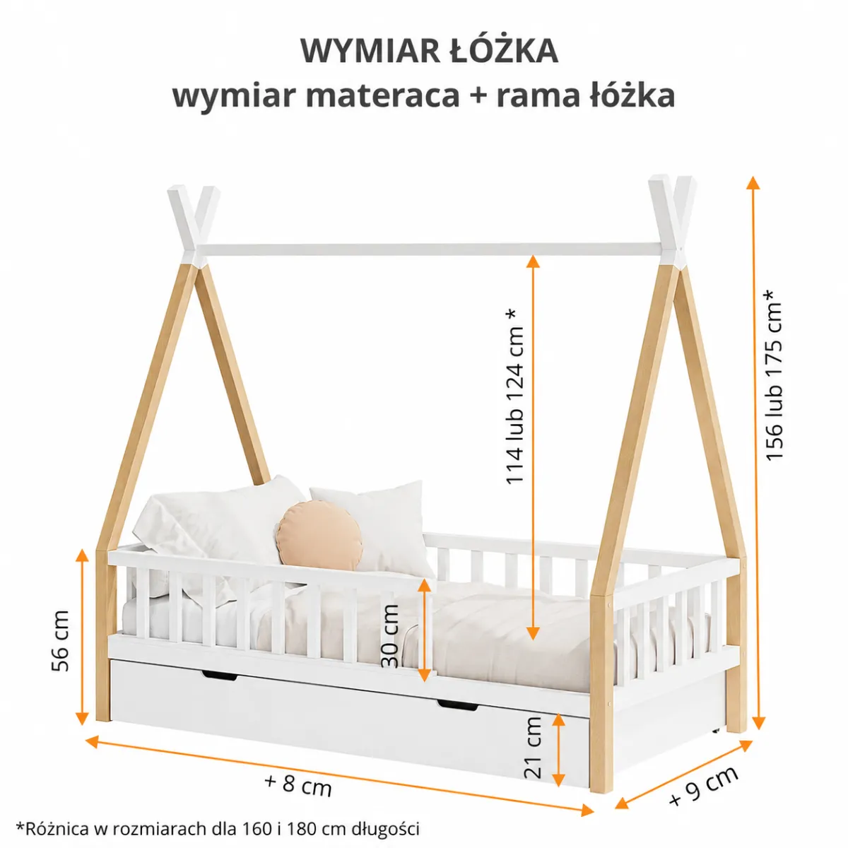 Wymiary łóżka tipi z drewna bukowego dla dziecka