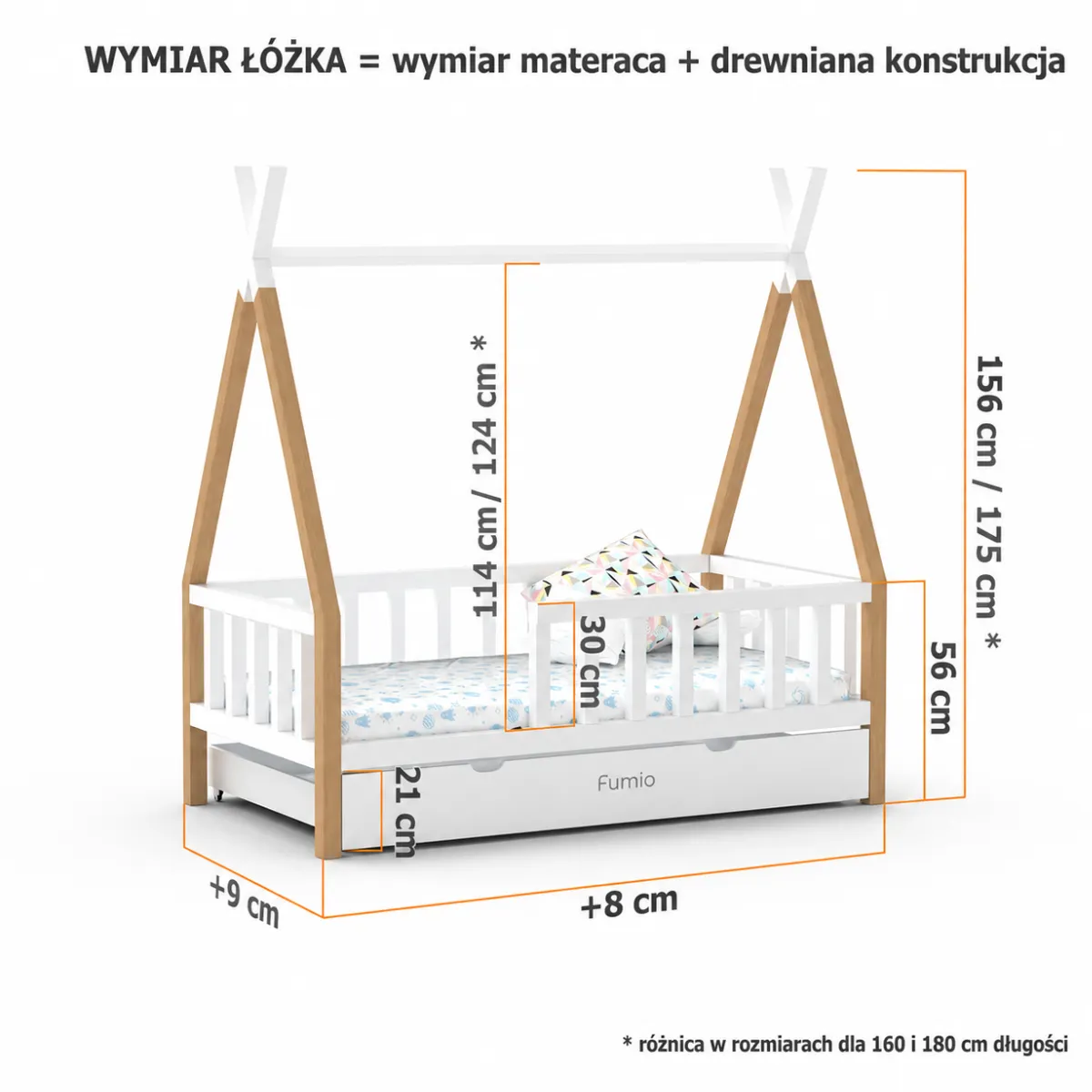 Wymiary łóżka tipi z drewna bukowego dla dziecka