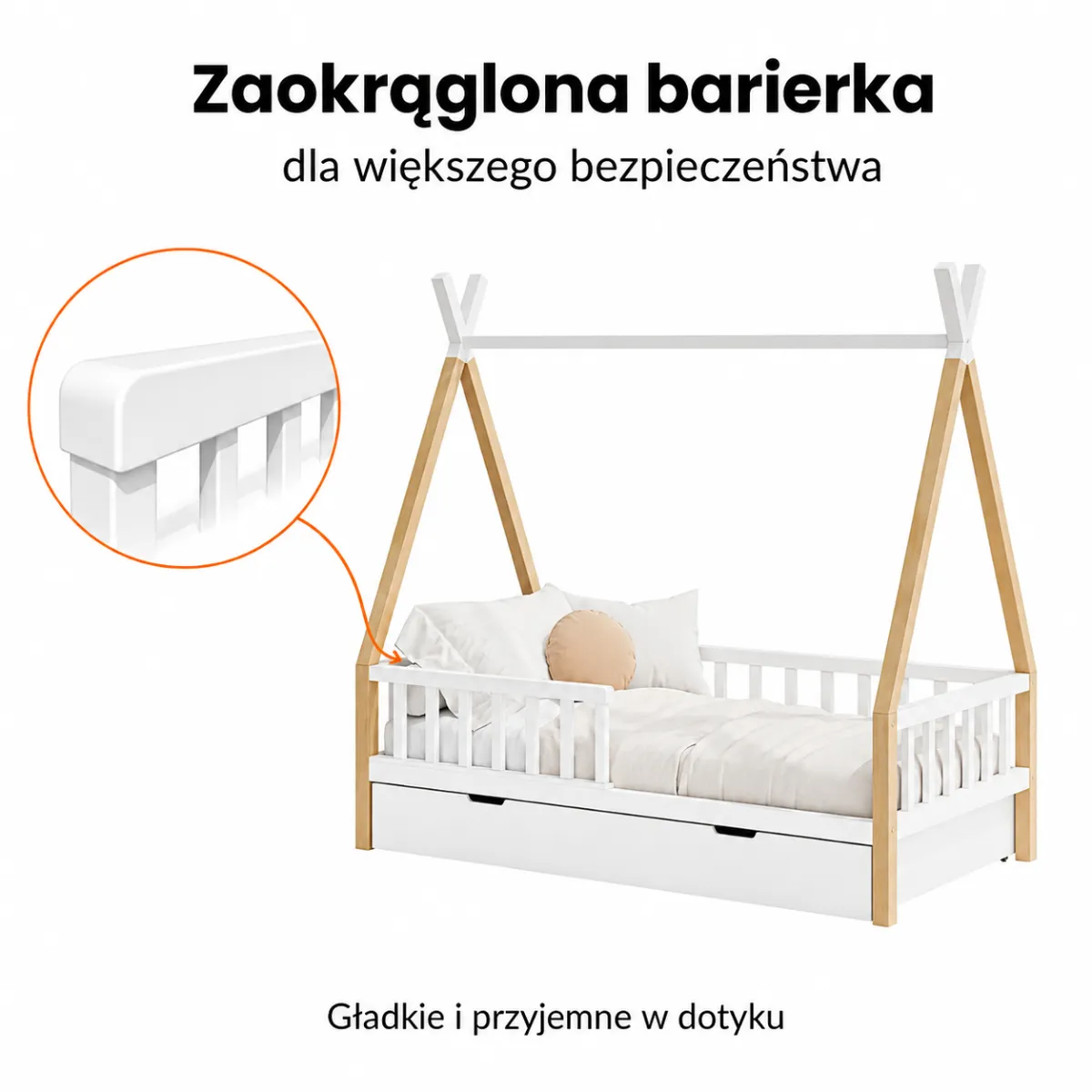 Detale łóżka tipi z drewna bukowego dla dziecka