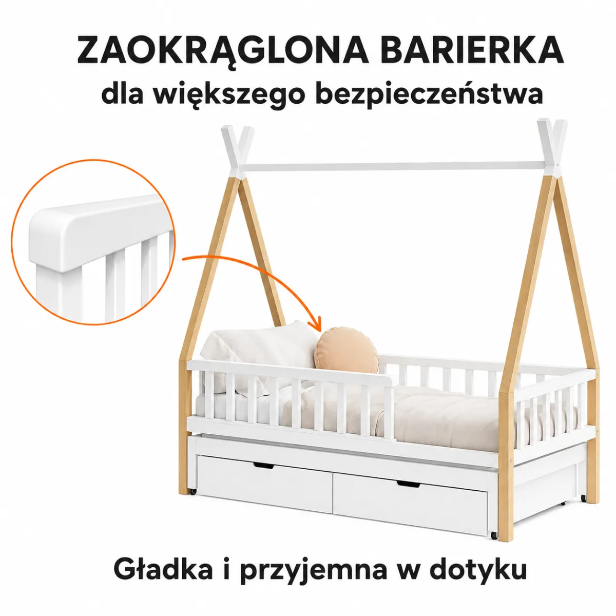 Detale łóżka Tipi z wysuwem i szufladami