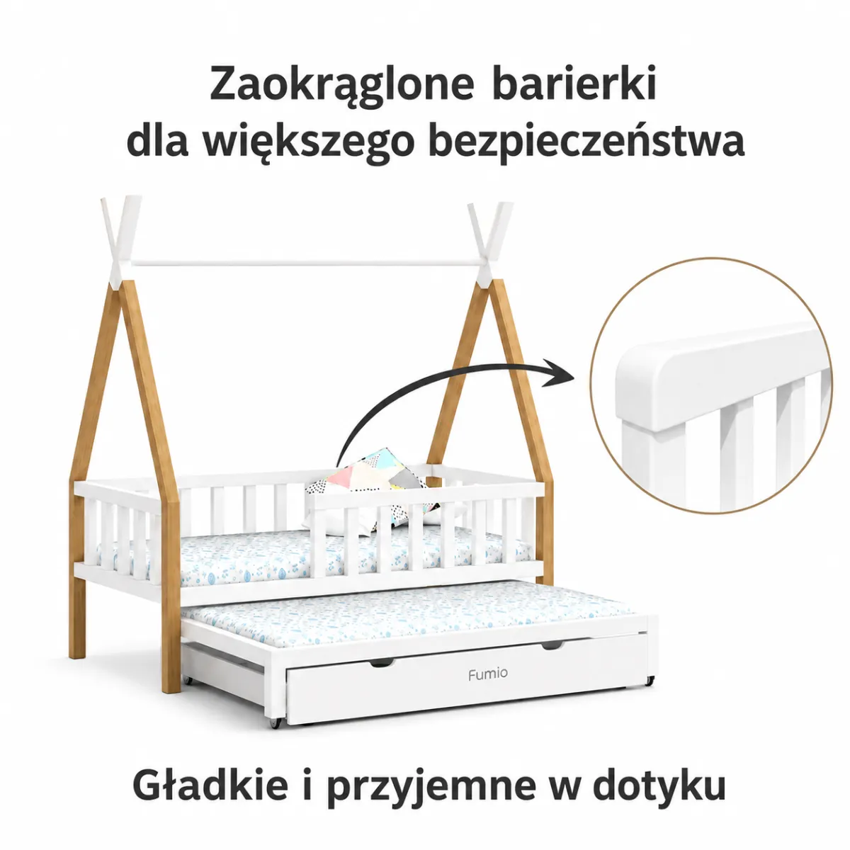 Detale łóżka Tipi z wysuwem i szufladami