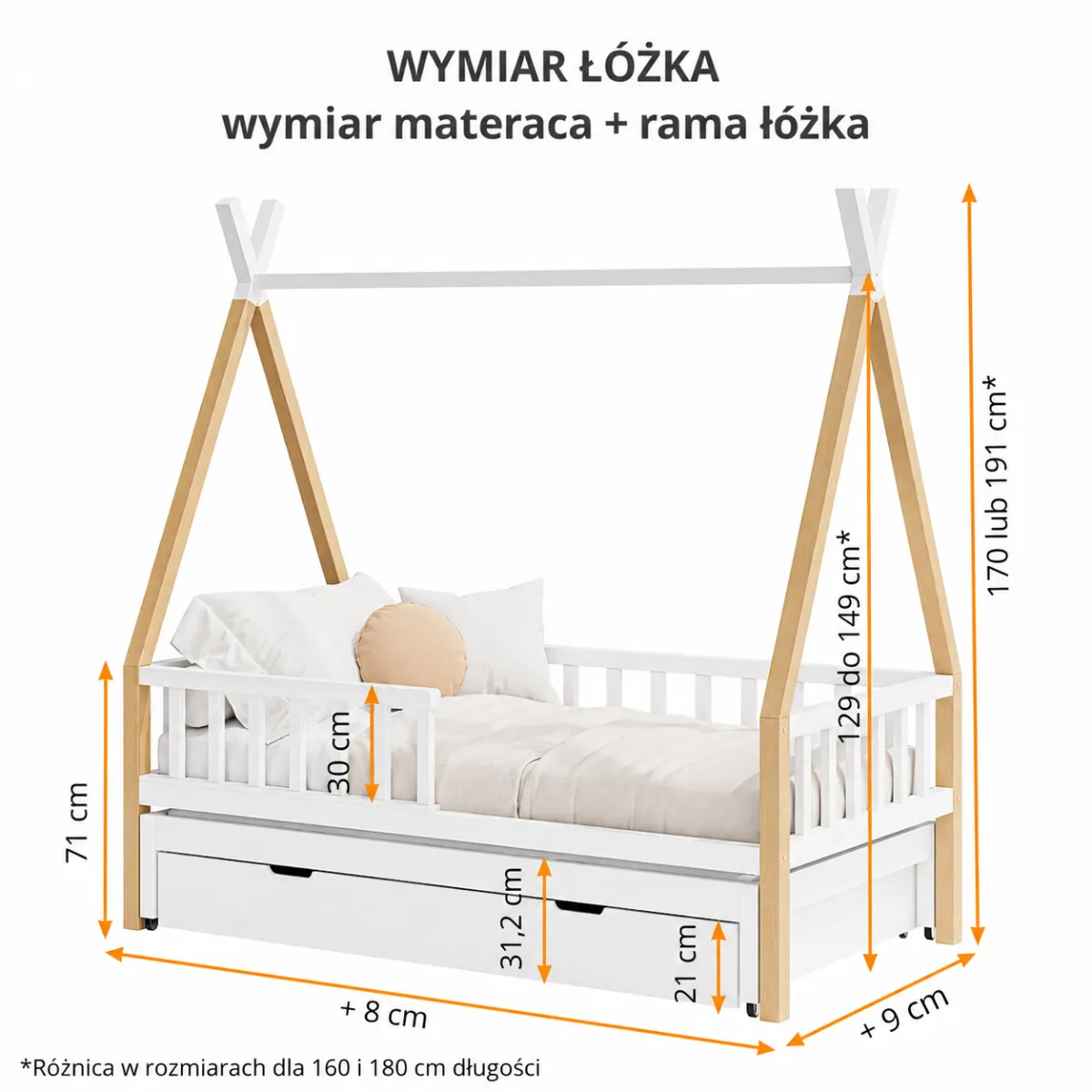 Wymiary łóżka Tipi z wysuwanym spaniem i szufladami