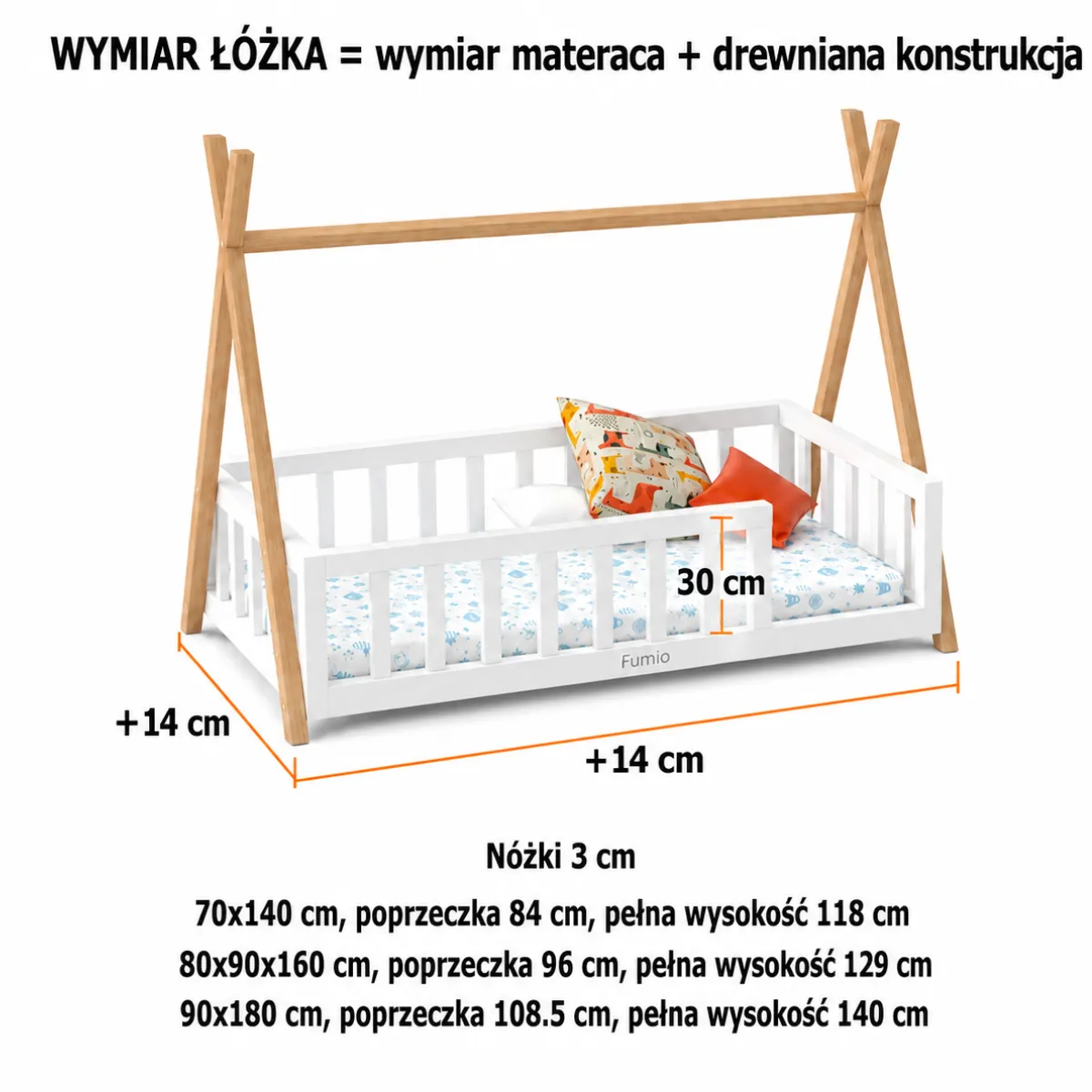 Wymiary łóżka WIGI Montessori z drewna bukowego dla dziecka