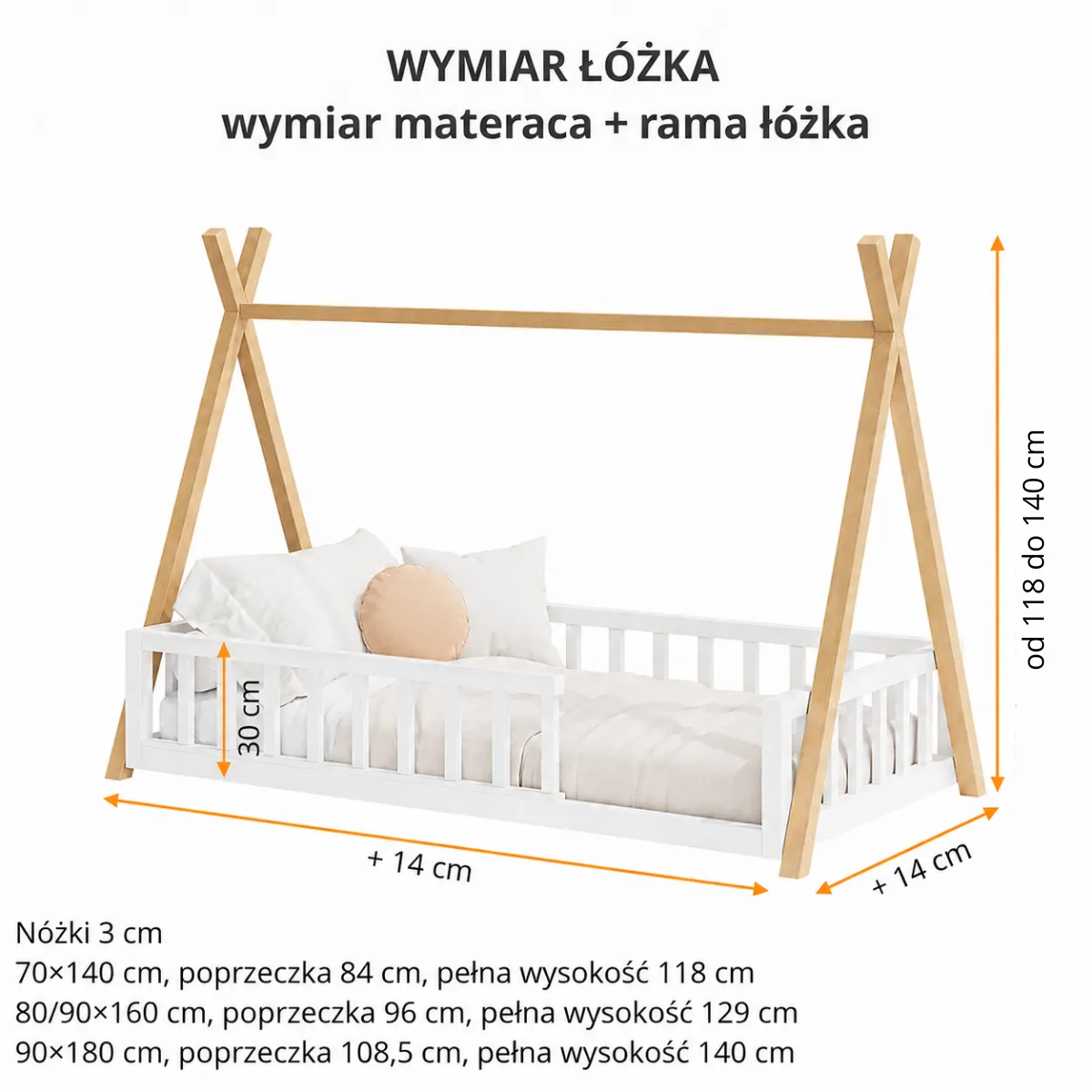 Wymiary łóżka WIGI Montessori z drewna bukowego dla dziecka