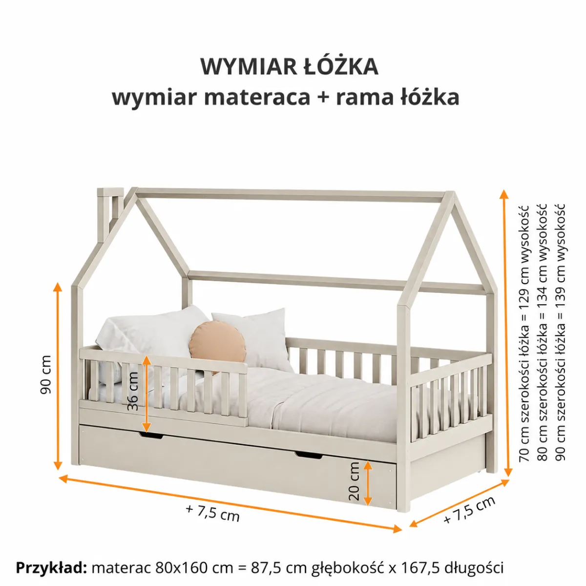 Wymiary łóżka domek COCO szampańskie latte z szufladą