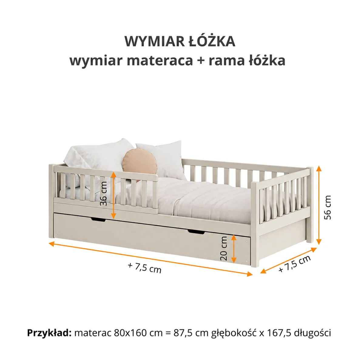 Wymiary beżowego łóżka dziecięcego DOLCE szampan latte
