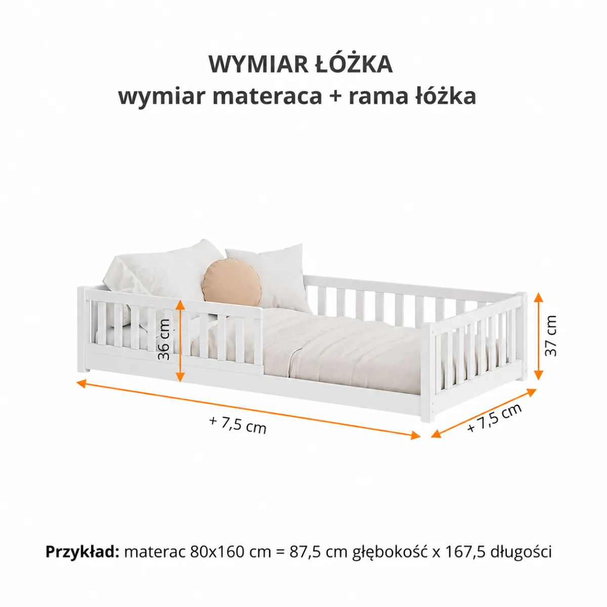 Wymiary białego łóżka Montessori GUSTO dla dziecka