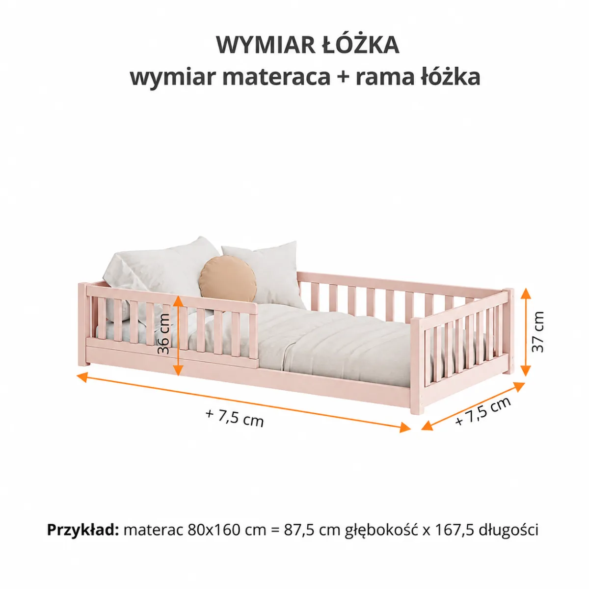 Wymiary jasnoróżowego łóżka Montessori GUSTO dla dziecka