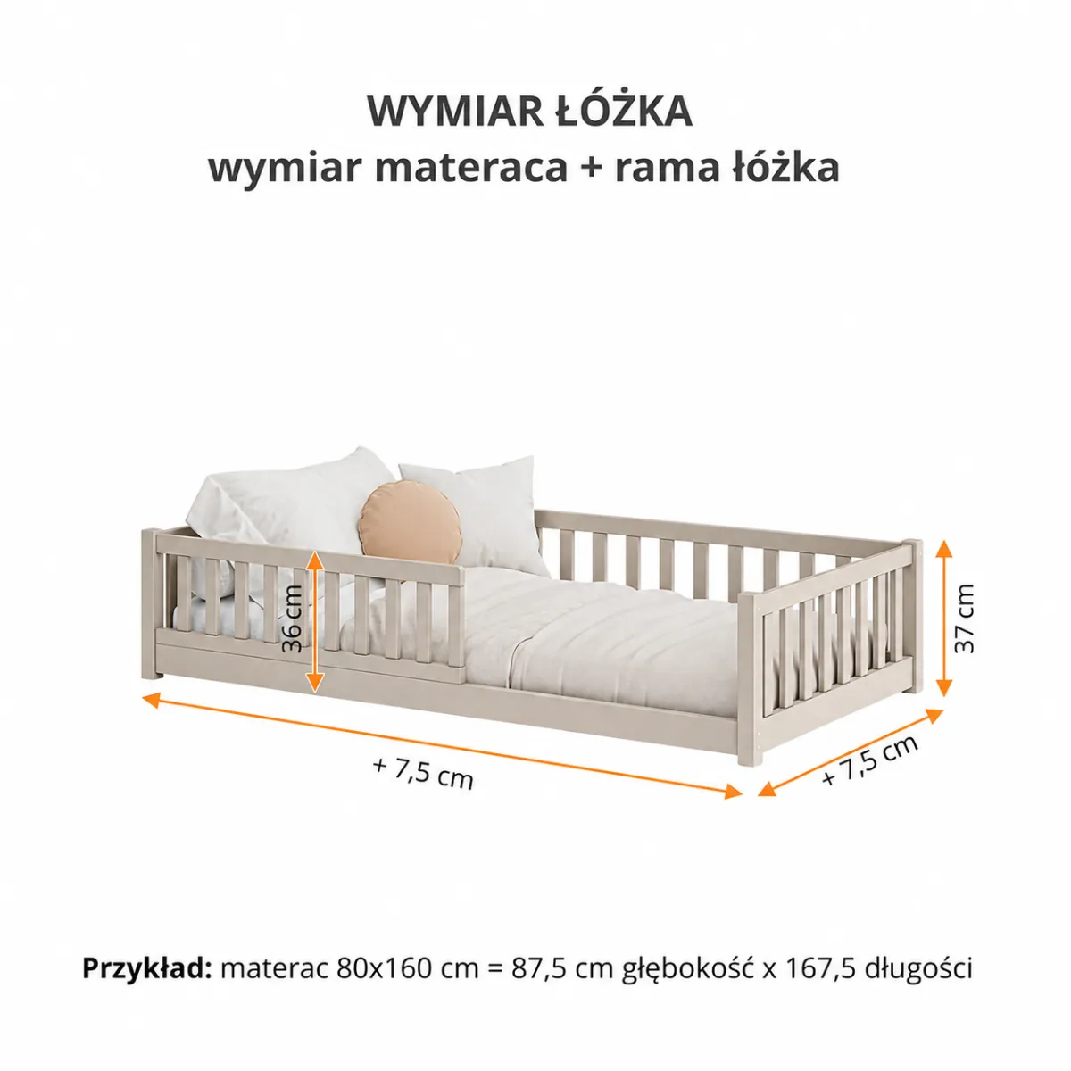 Wymiary kaszmirowego łóżka Montessori GUSTO dla dziecka