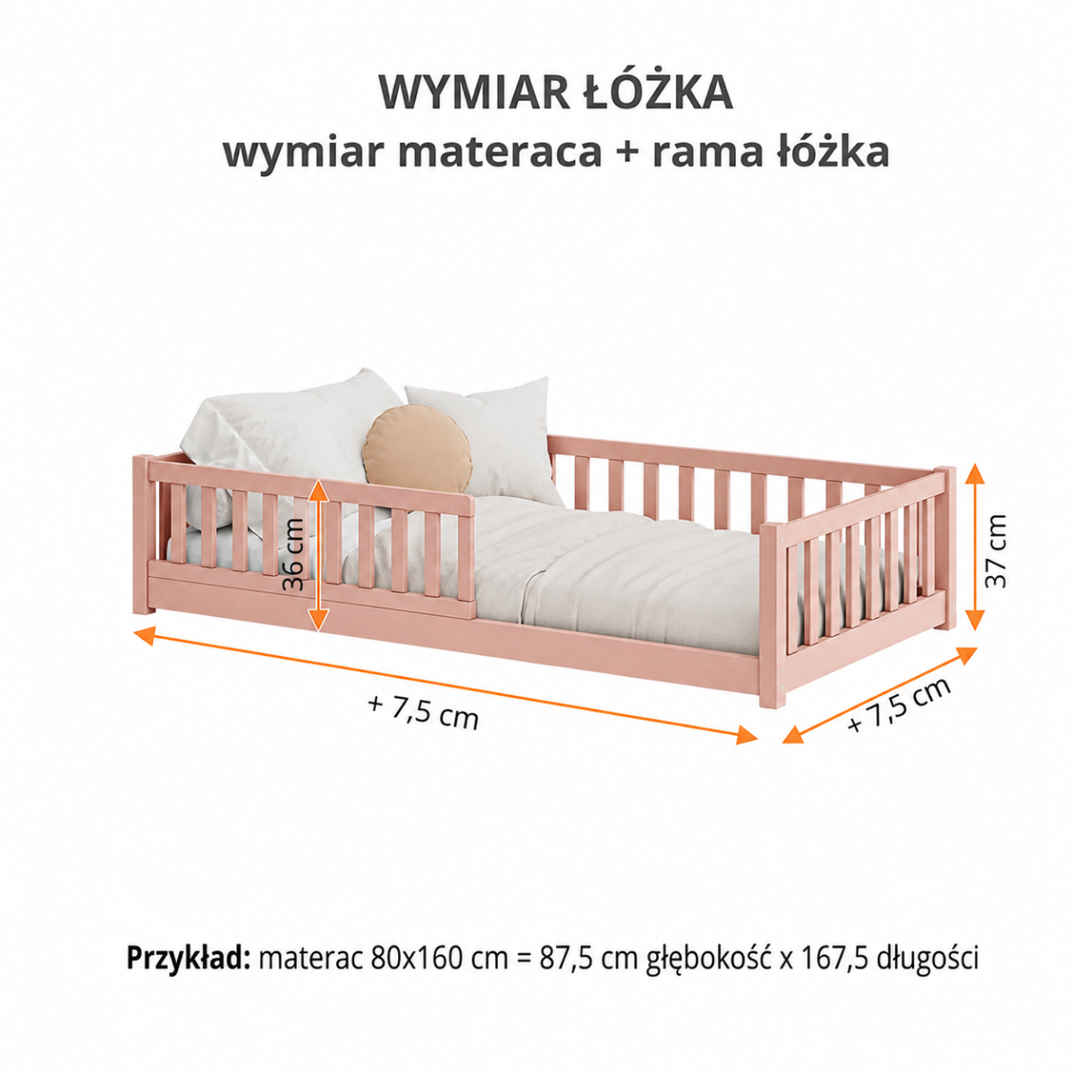 Wymiary różowego łóżka Montessori GUSTO dla dziecka