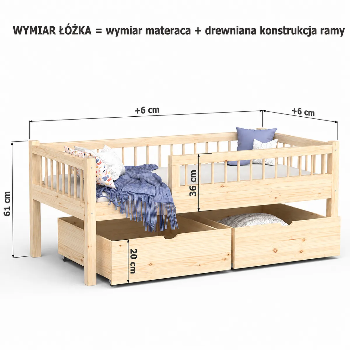 Wymiary drewnianego łóżka dziecięcego PAKO z szufladami