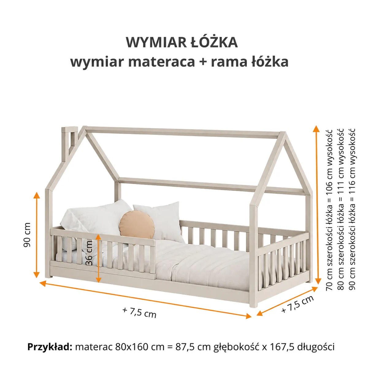 Wymiary kaszmirowego niskiego łóżka domek YOCO dla dziecka