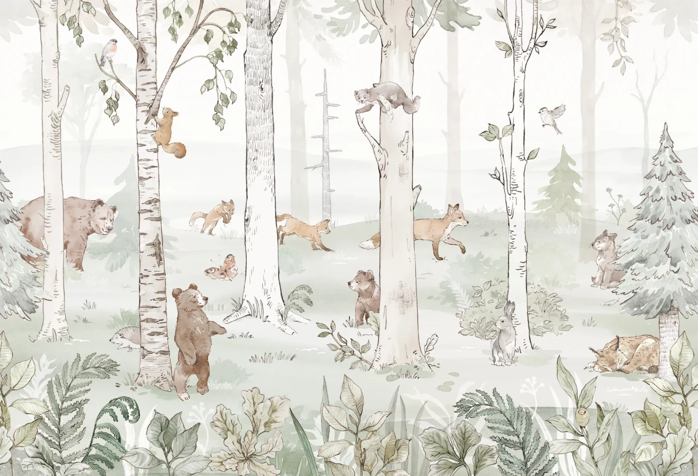 Tapeta Hello Teddy Green Malumi – pełna ilustracja brzozowego lasu z misiami i zwierzętami w zielonych odcieniach