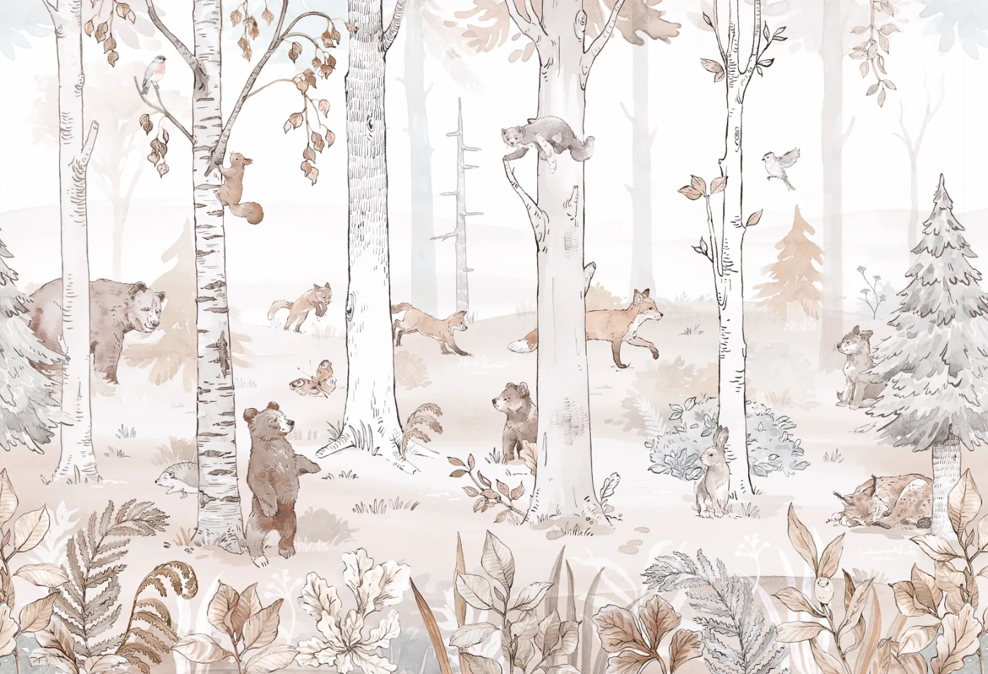 Tapeta Hello Teddy Sepia Malumi – pełna ilustracja brzozowego lasu z misiami i zwierzętami w ciepłych odcieniach sepii