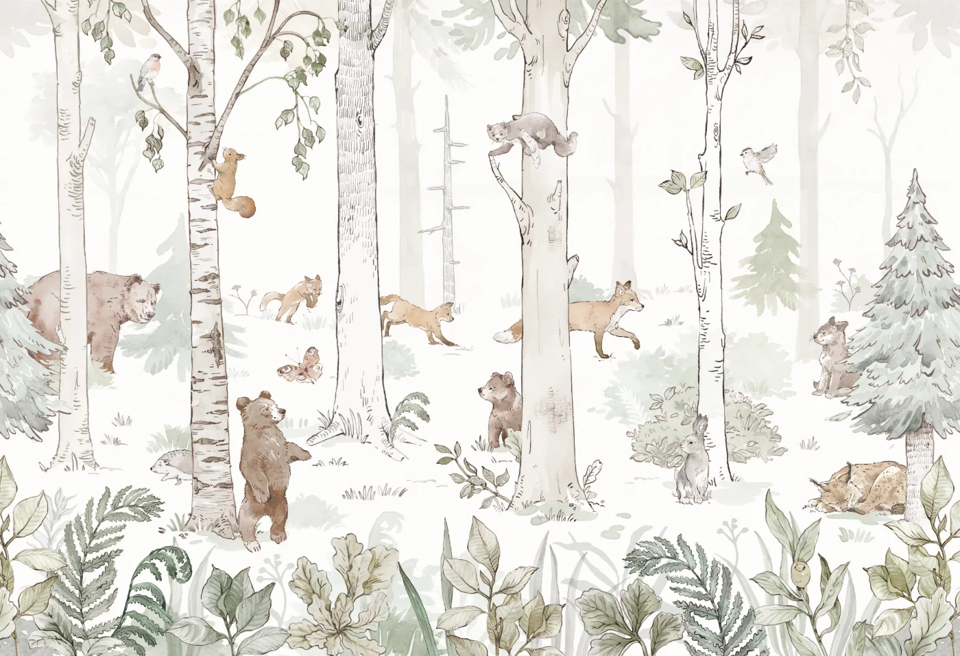Tapeta Hello Teddy White Malumi – pełna ilustracja brzozowego lasu z misiami, lisami i sarenkami