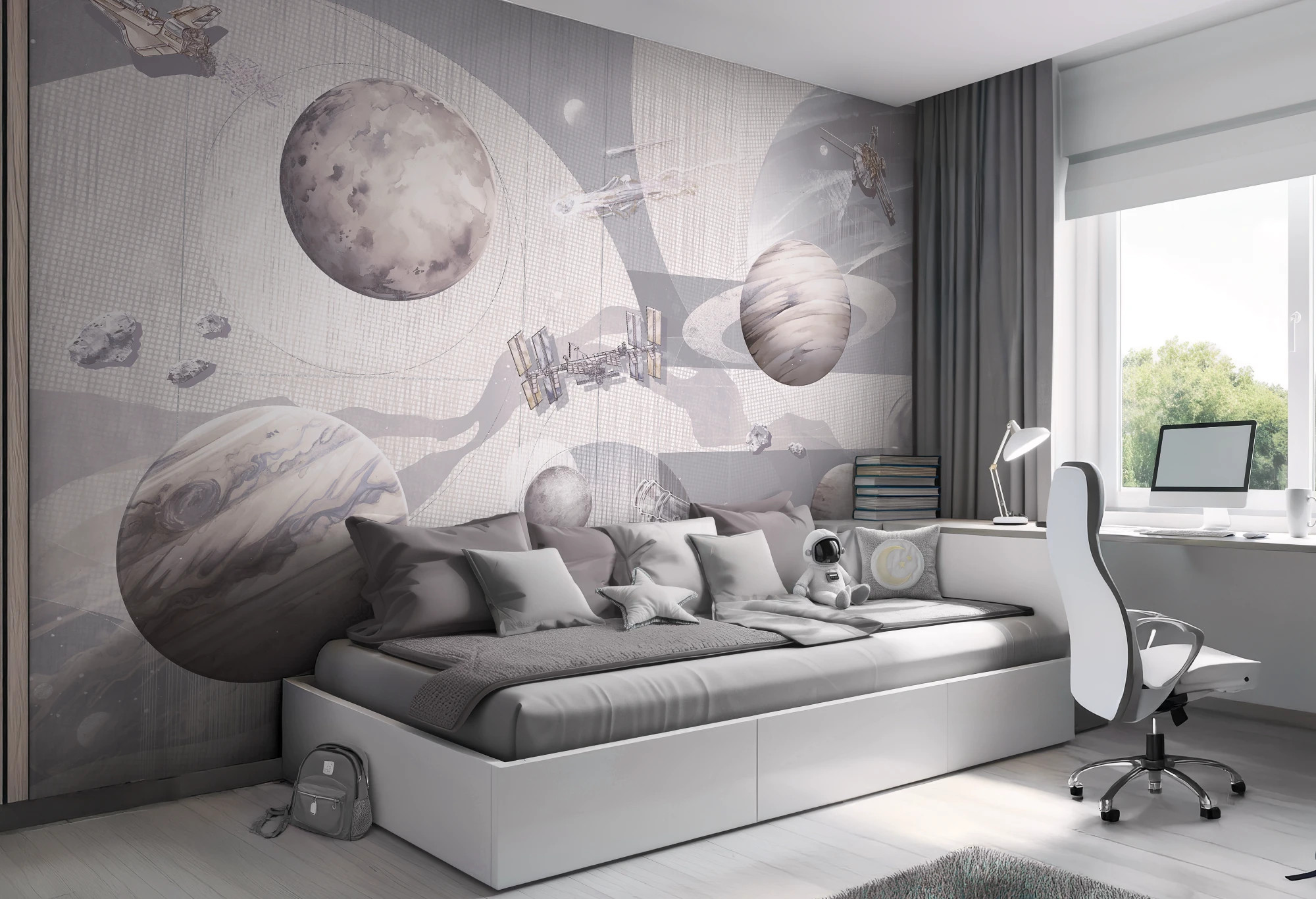 delikatnie szara tapeta z motywem kosmosu Space Zone Milky do pokoju dziecka