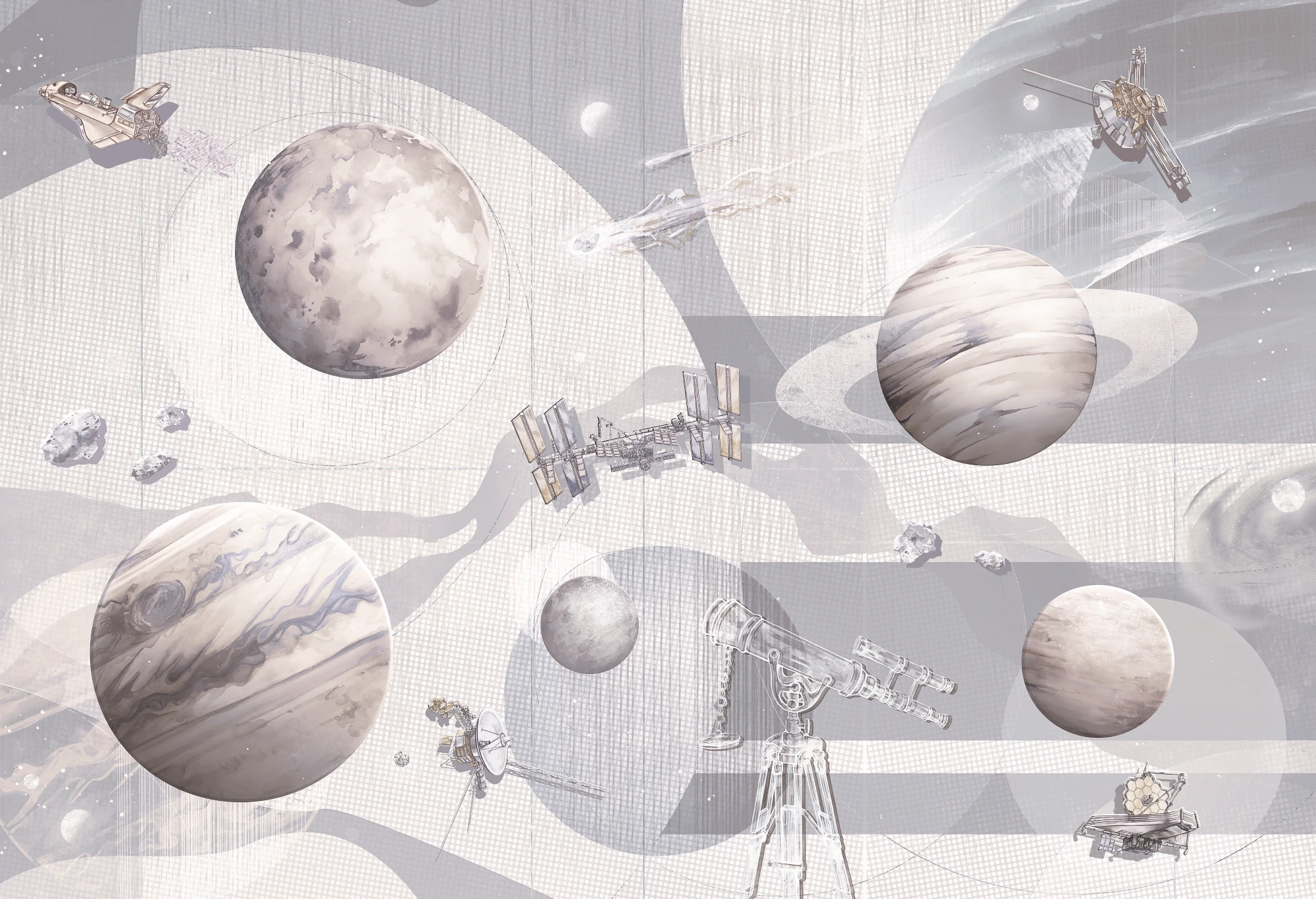 delikatnie szara tapeta kosmos do pokoju chłopca Space Zone Milky