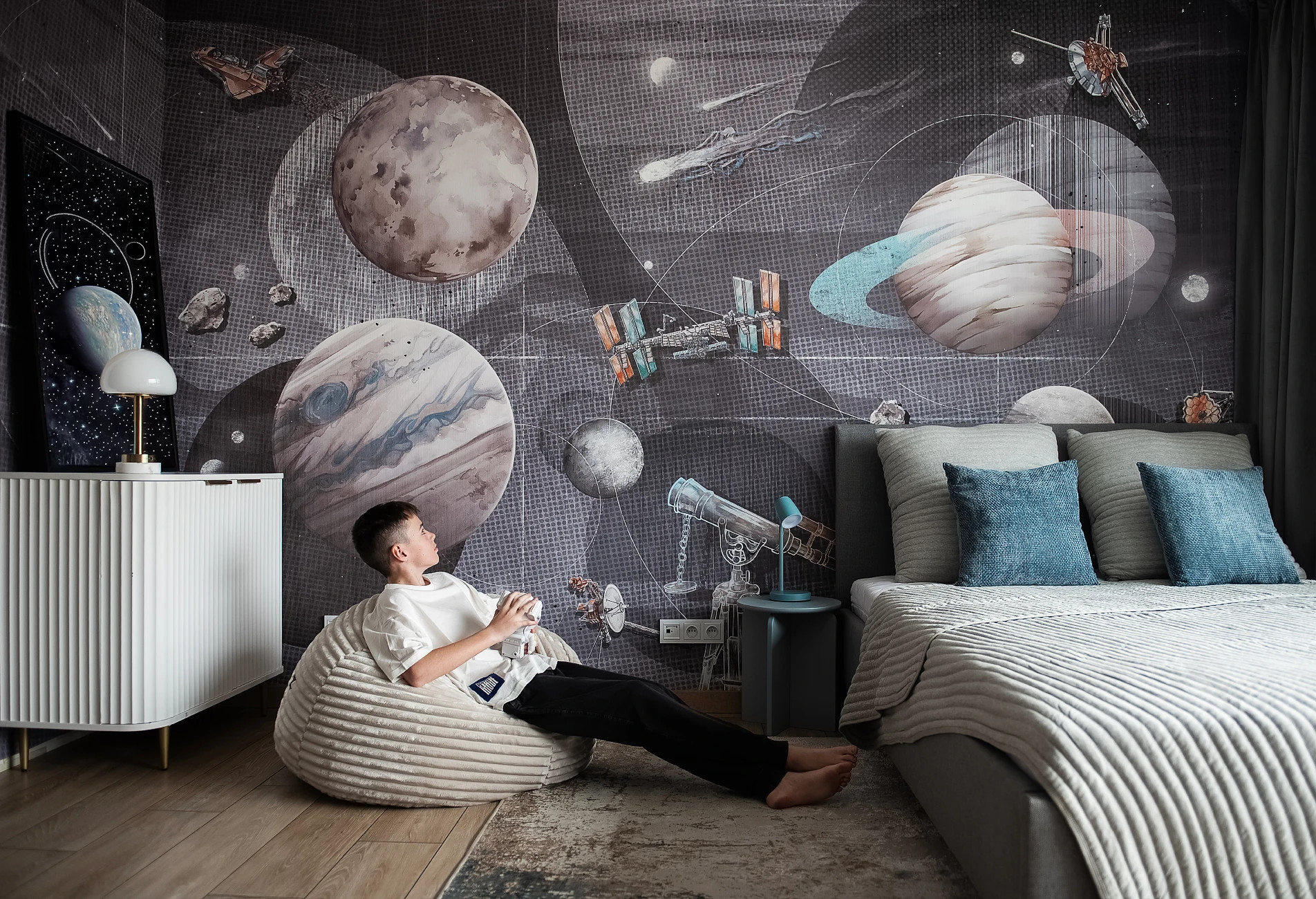szara tapeta z motywem kosmosu Space Zone Gray do pokoju dziecka