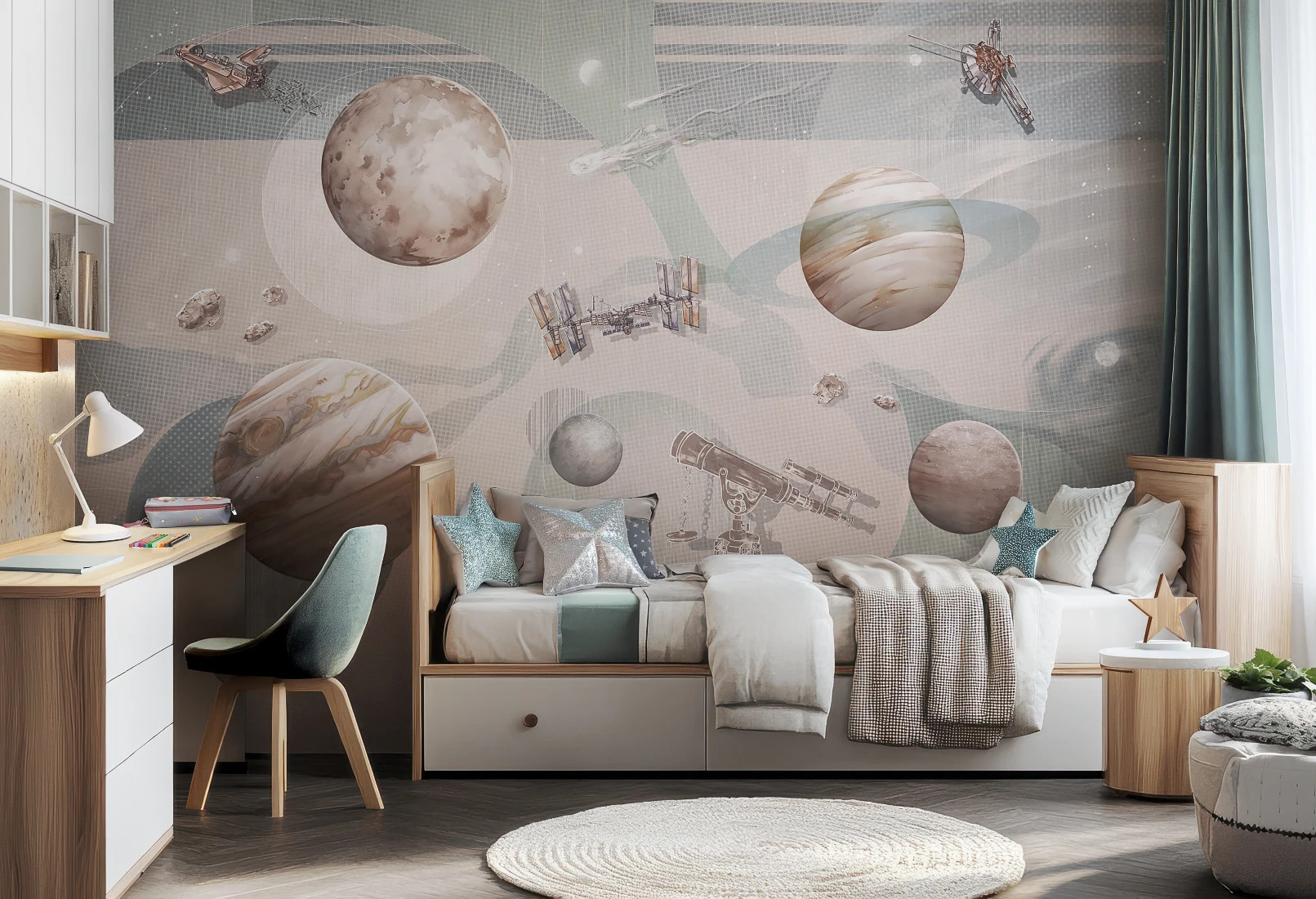 miętowa tapeta z motywem kosmosu Space Zone Mint do pokoju dziecka