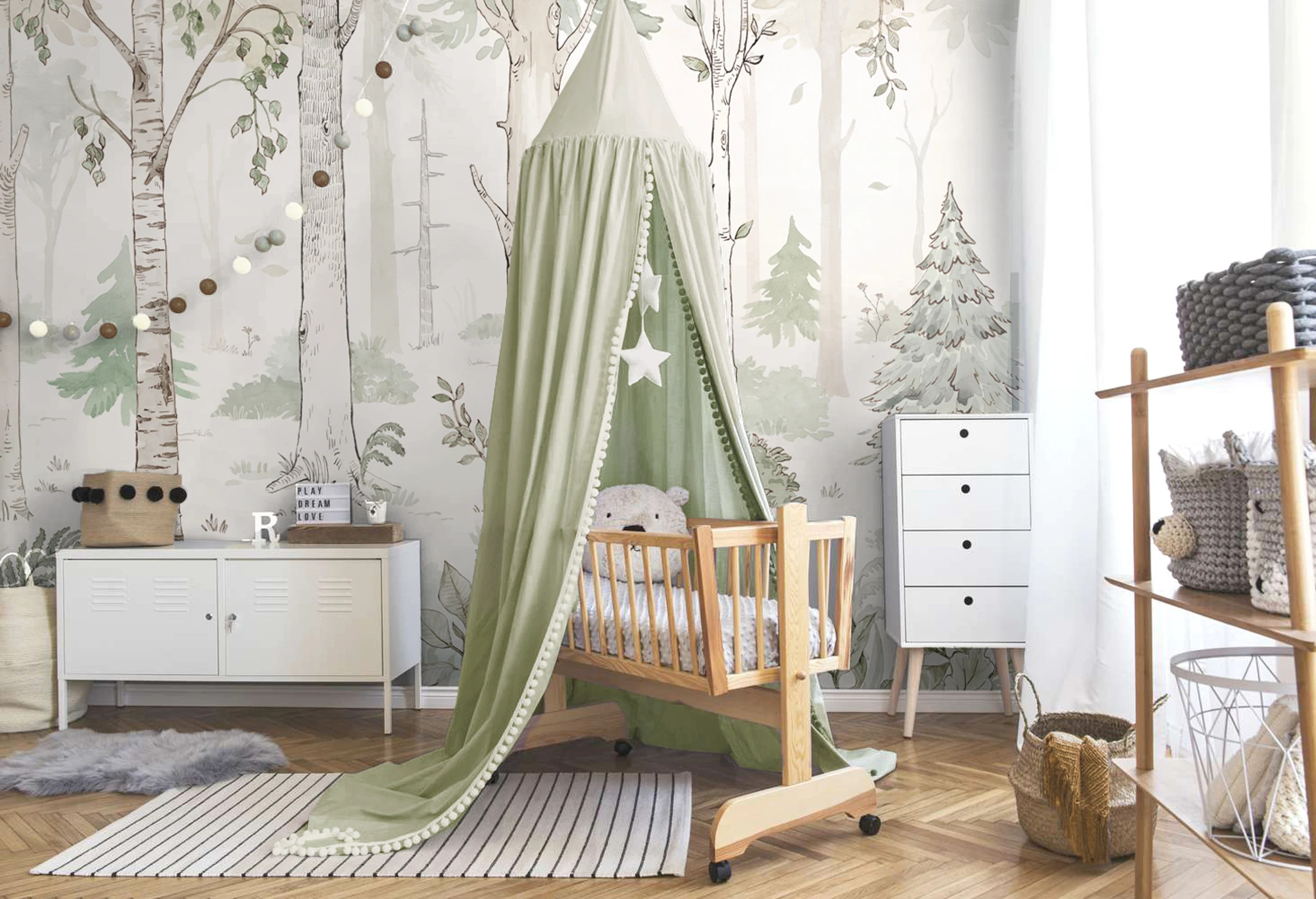 biała tapeta leśna Hello Forest White do pokoju dziecka