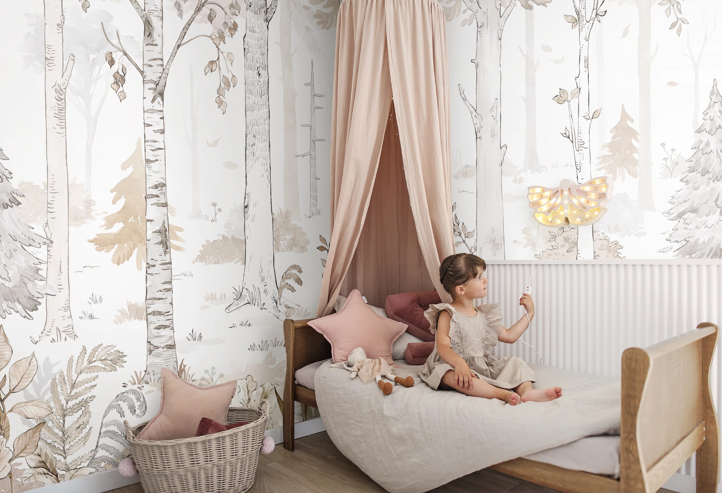 beżowa tapeta leśna Hello Forest Beige do pokoju dziecka