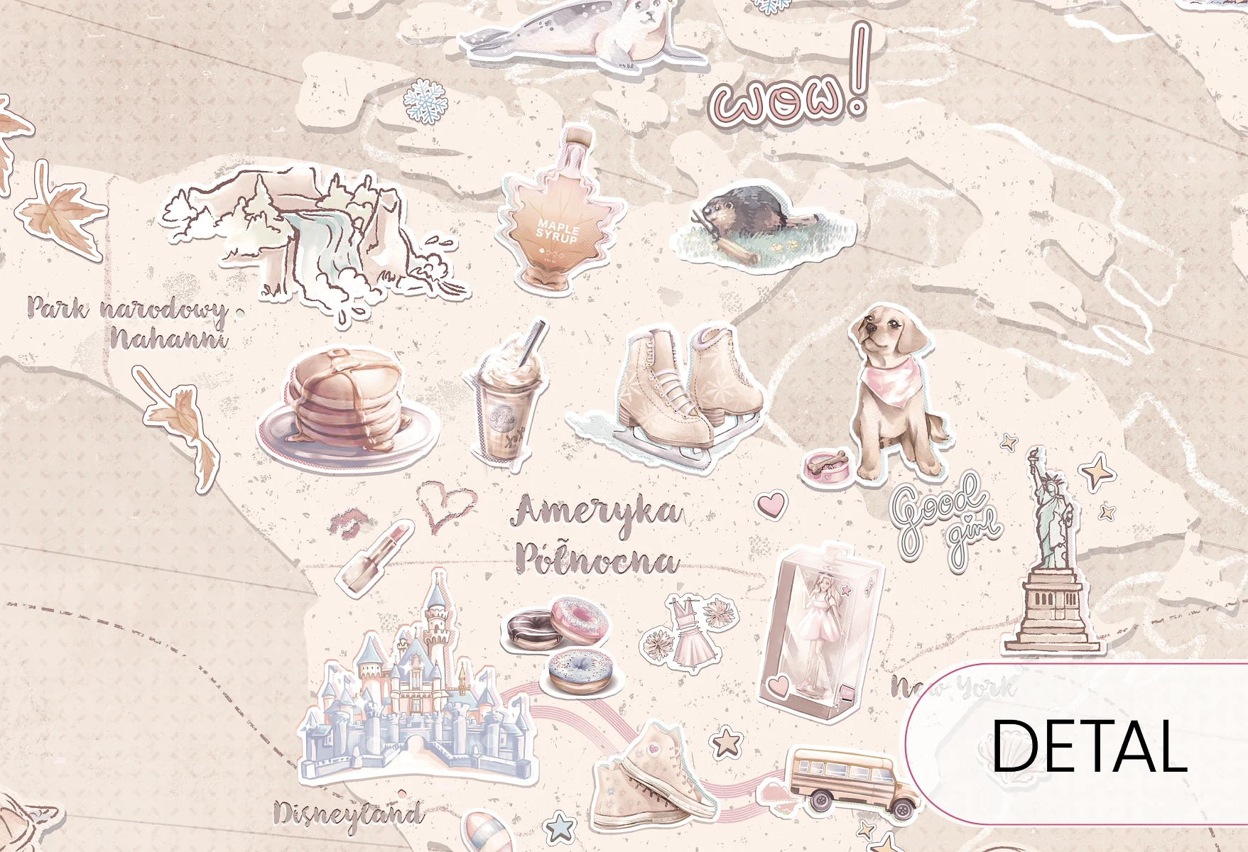 beżowa tapeta edukacyjna mapa świata Latte ze zwierzętami