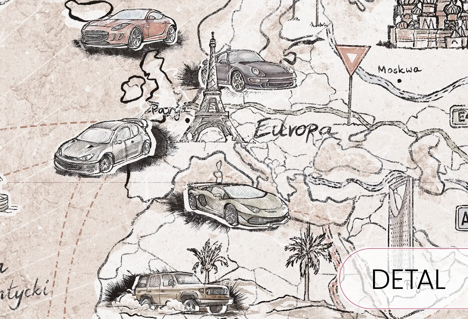 detal tapety mapa świata beżowej z samochodami i motywem podróży