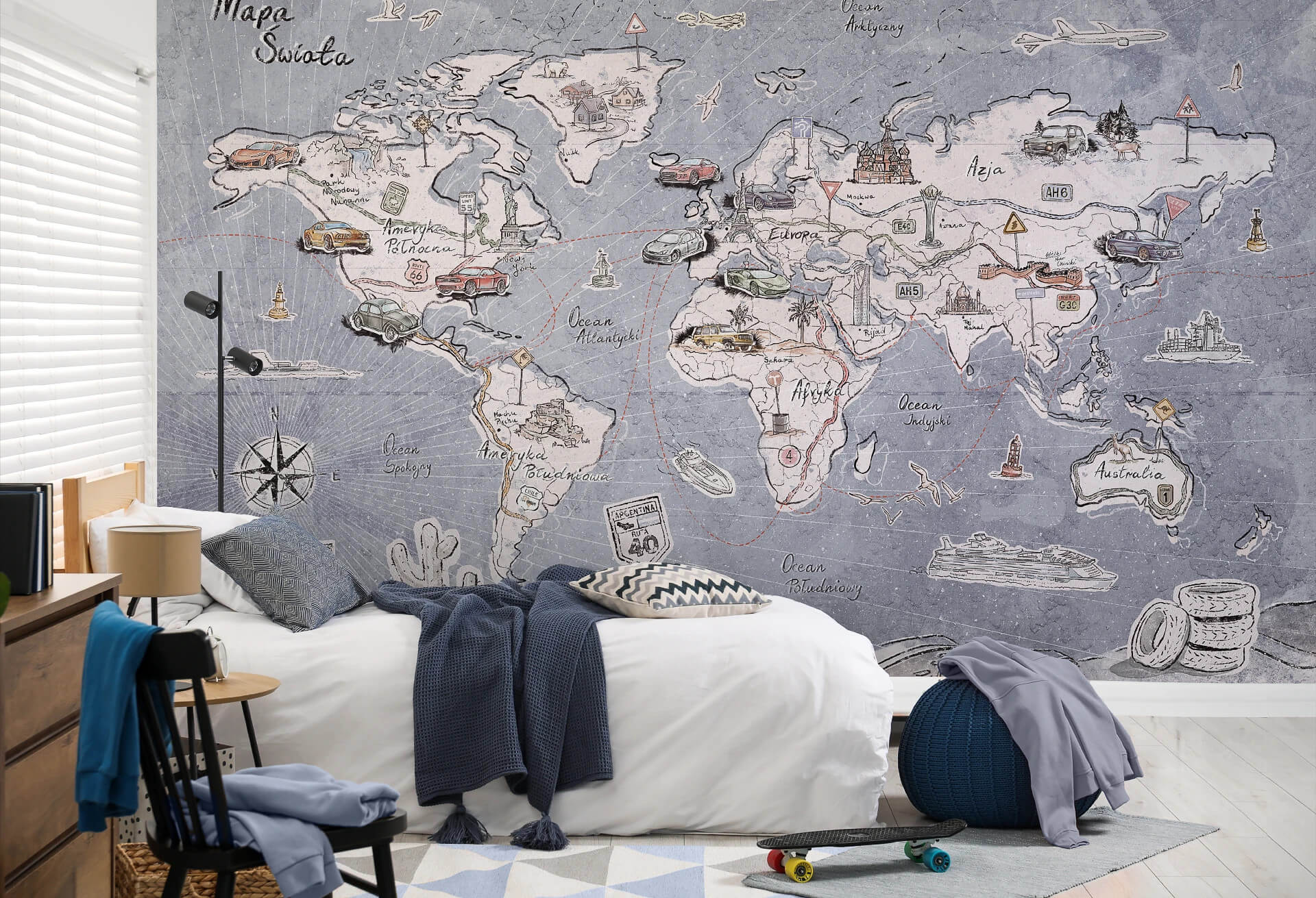 tapeta mapa świata jeans do pokoju nastolatka z motywem podróży i samochodów