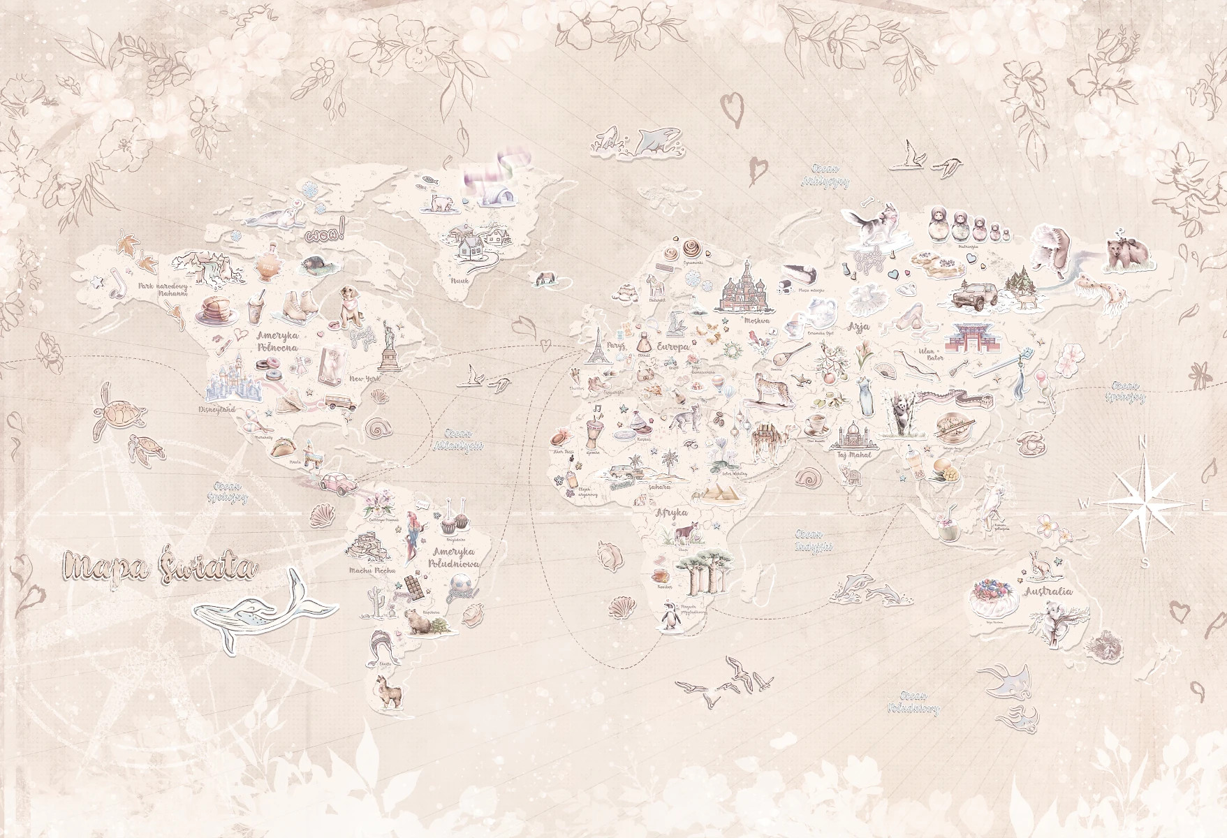 tapeta mapa świata Latte beżowa ze zwierzętami do pokoju dziecka