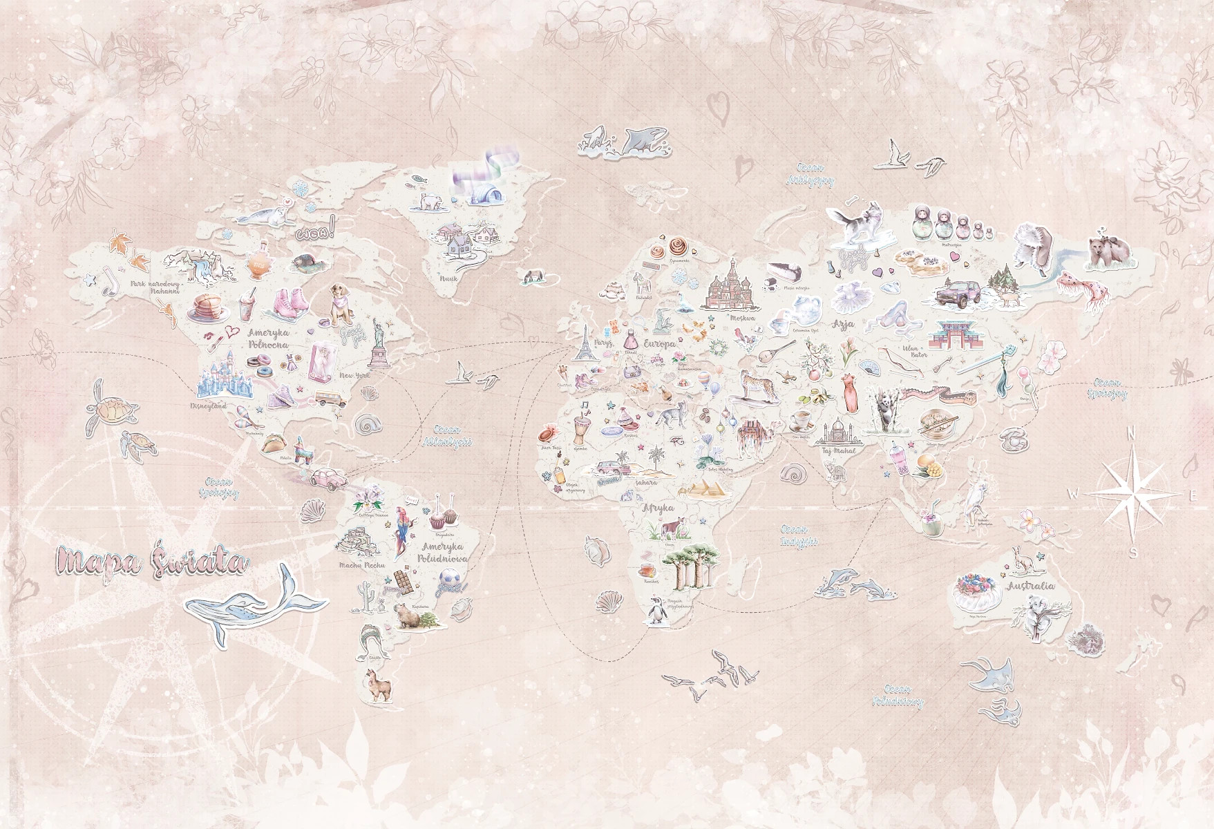 tapeta mapa świata ze zwierzętami do pokoju dziecka