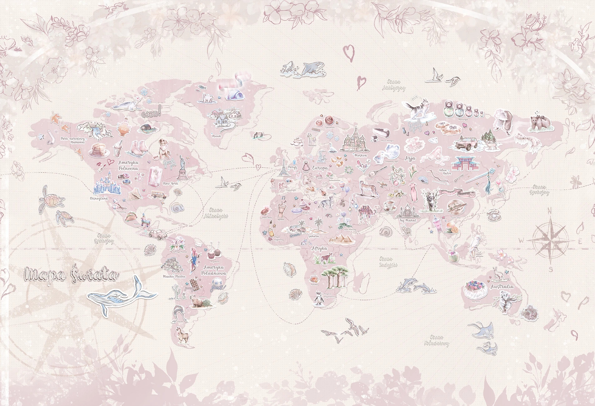różowa tapeta mapa świata Baby Pink do pokoju dziewczynki ze zwierzętami