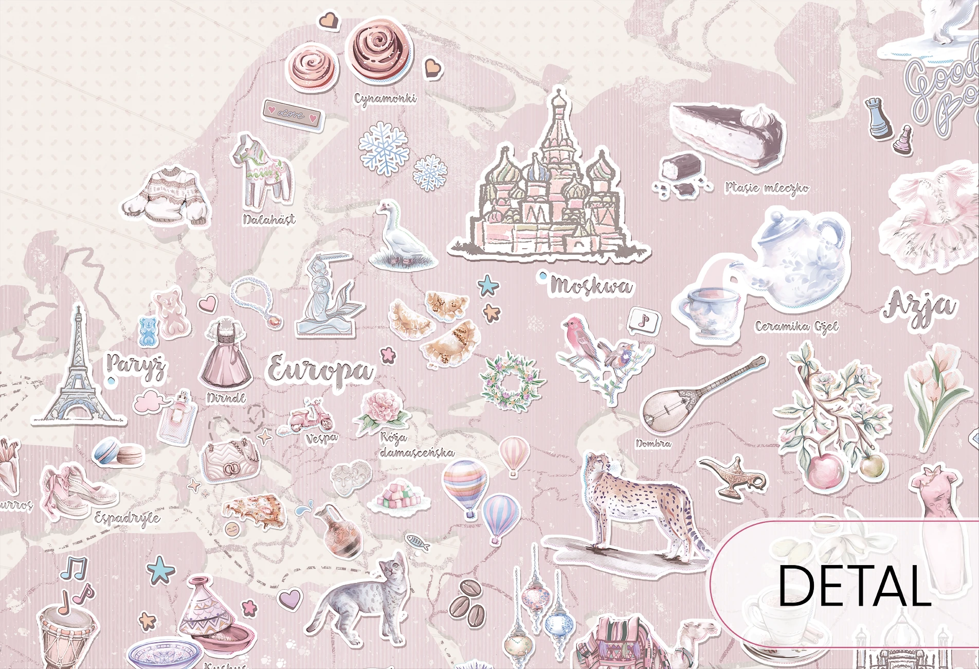 edukacyjna tapeta mapa świata Baby Pink ze zwierzętami
