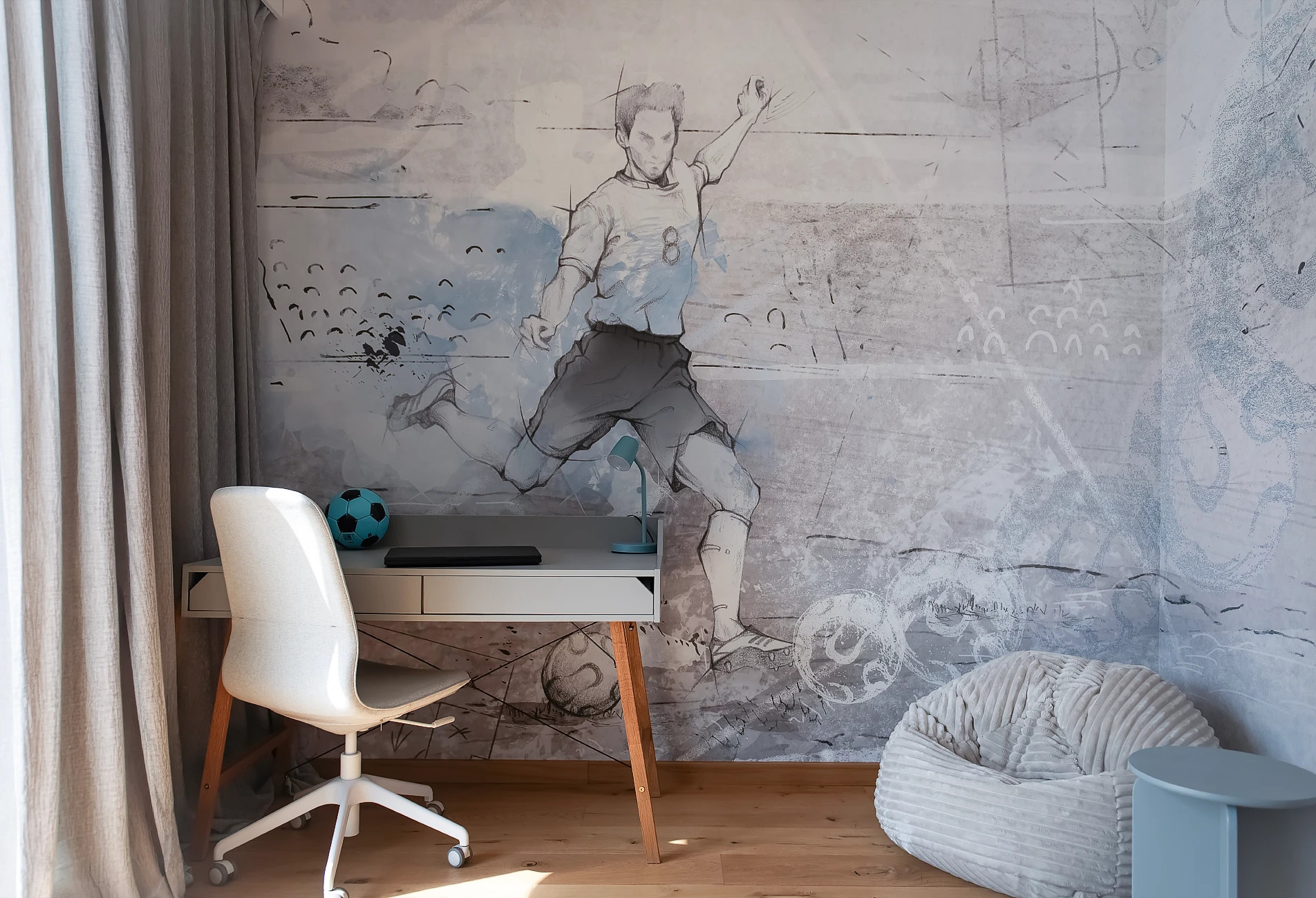 niebieska tapeta piłkarska do pokoju chłopca Soccer Blue