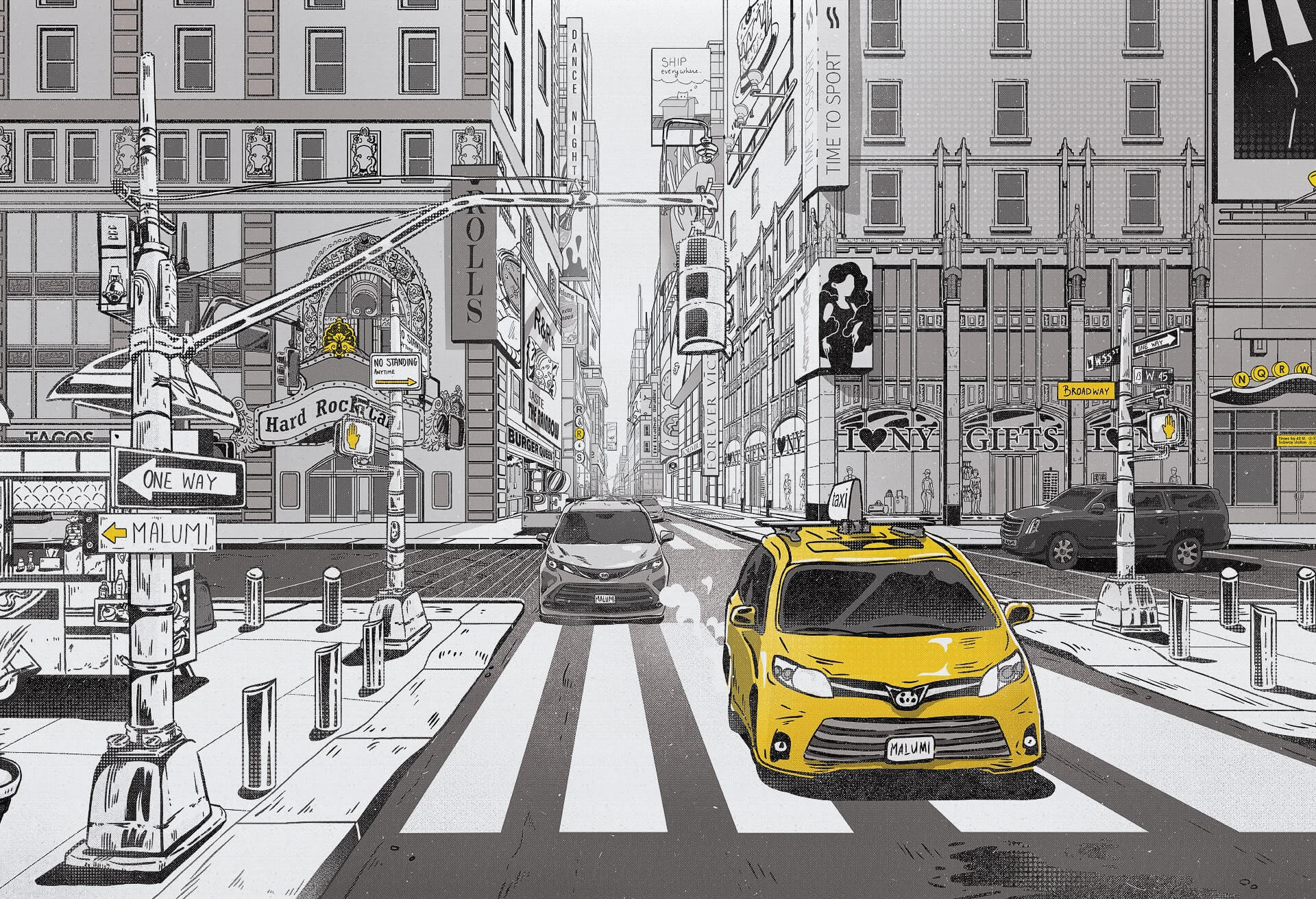 tapeta New York czarno biała z żółtym samochodem miasto pokój nastolatka loft