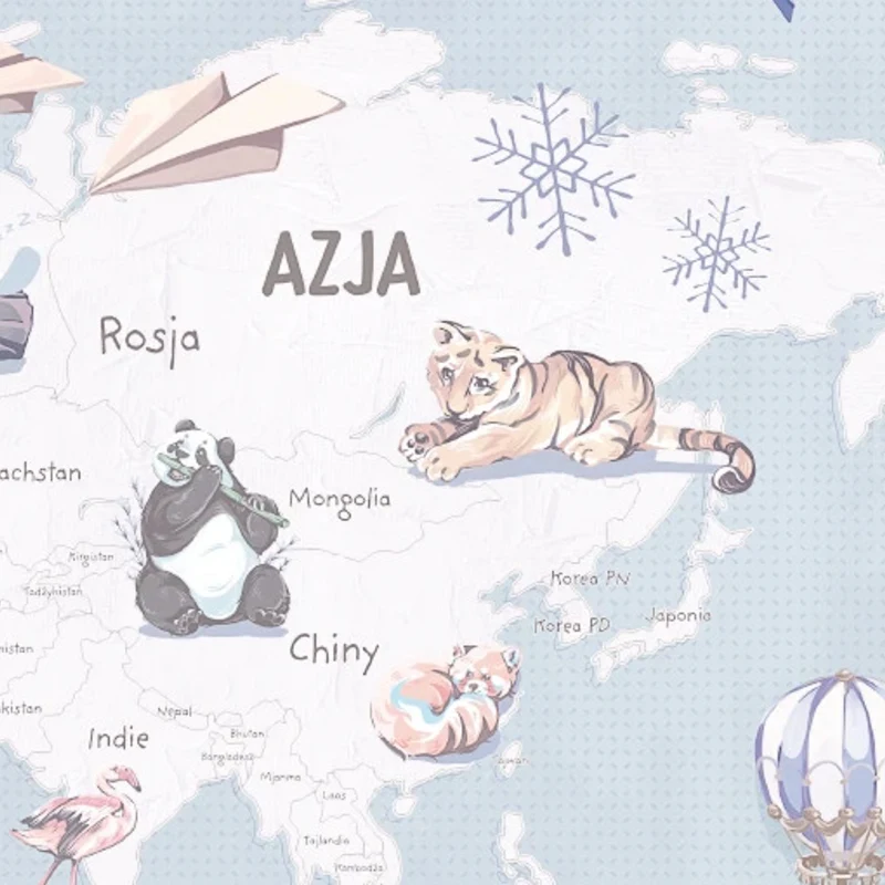Detal tapety Wanderlust Blue Malumi – panda i tygrys w Azji