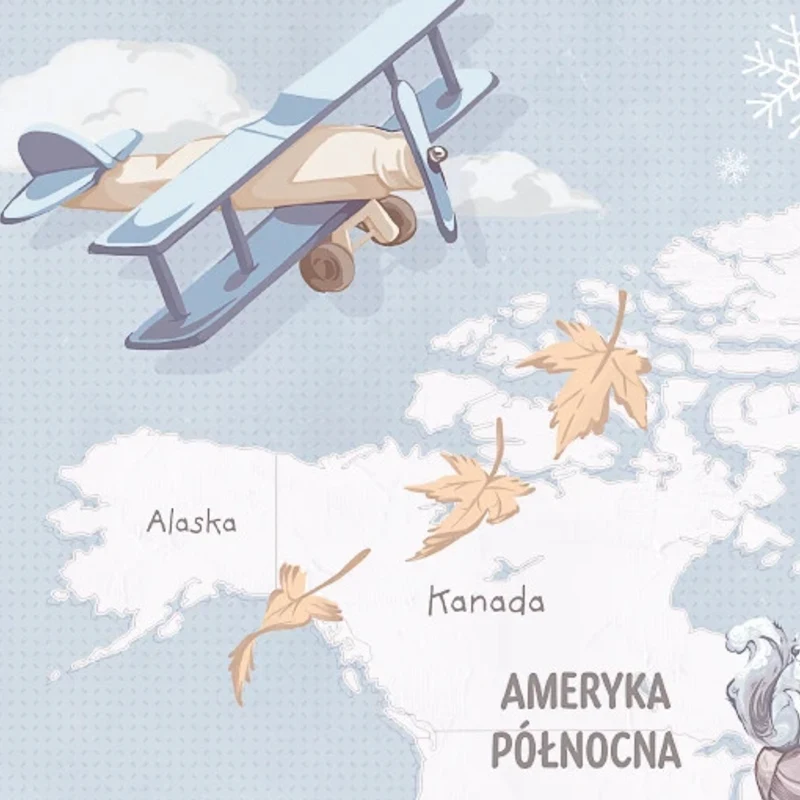 Detal tapety Wanderlust Blue Malumi – dwupłatowiec nad Ameryką Północną